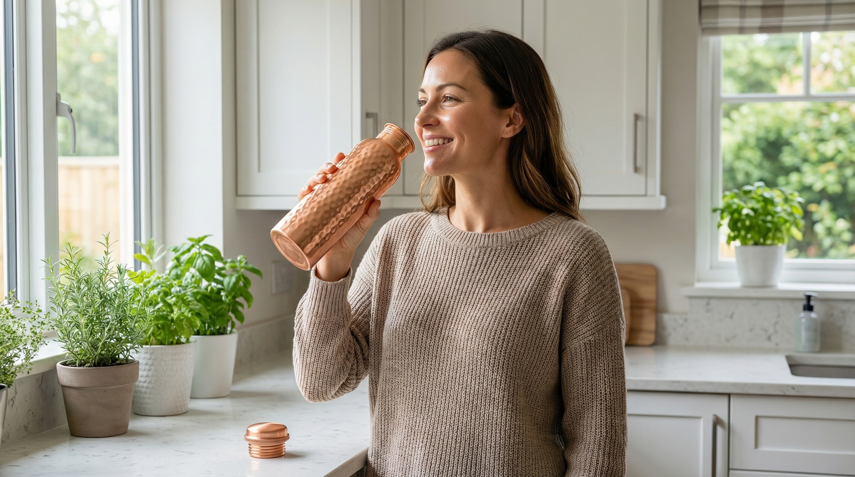 A happy, healthy-looking woman in her 30s with a genuine, relaxed smile, is drinking water directly from a hammered pure copper water bottle (cap off). She is in a bright, modern kitchen with white cabinets and plants in the background. The scene is filled with soft, natural daylight, conveying an authentic, candid moment of everyday wellness. Photorealistic, lifestyle photography, 8k.