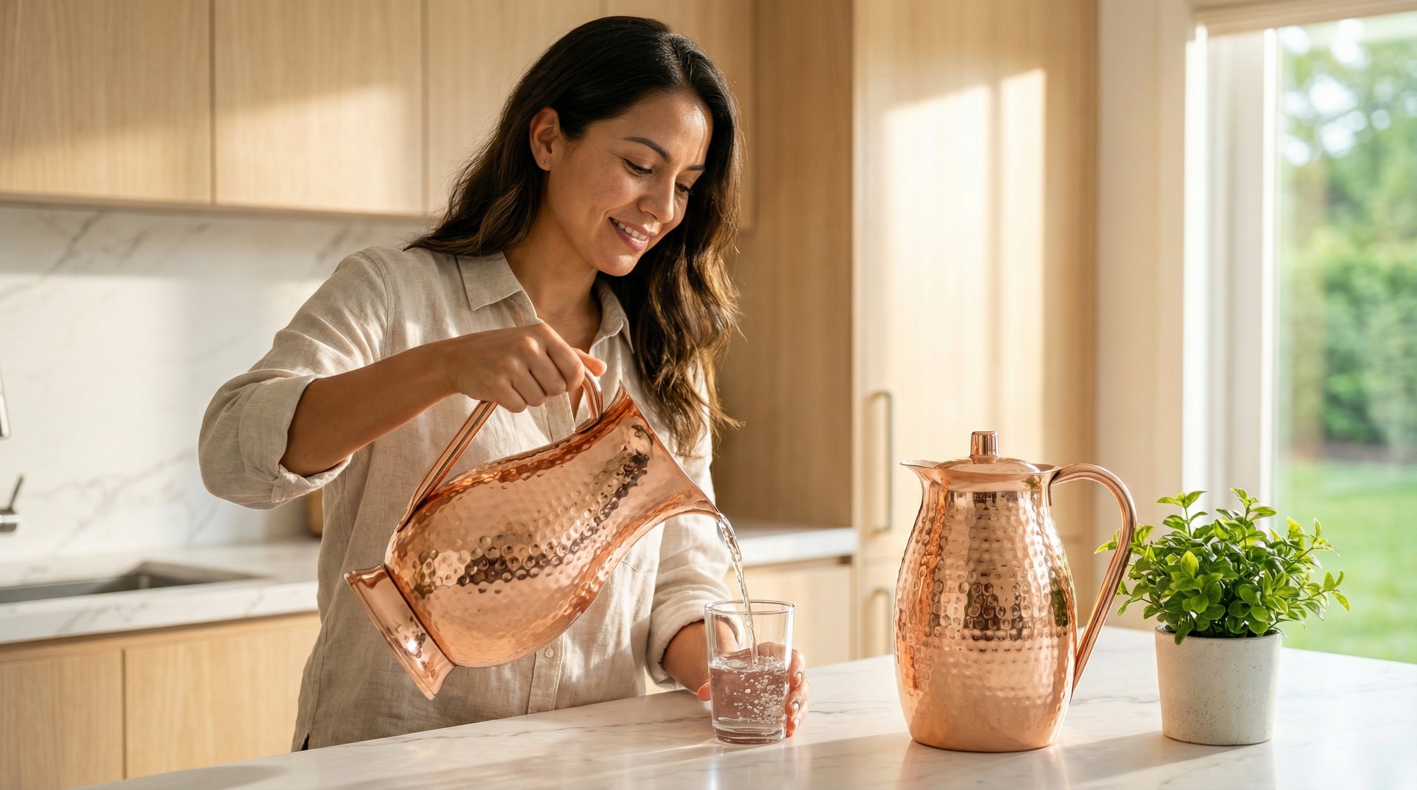 A relaxed Hispanic woman in her 30s, smiling softly as she pours water from a hammered copper water pitcher with a flowing D-shaped solid copper handle, a bulbous gourd-shaped body with medium hammered dents, a polished rose-gold copper finish, and a smooth footed base into a simple glass, in a bright and airy modern kitchen with marble countertops and a small green plant, warm natural morning light, photorealistic, magazine editorial quality, 8k