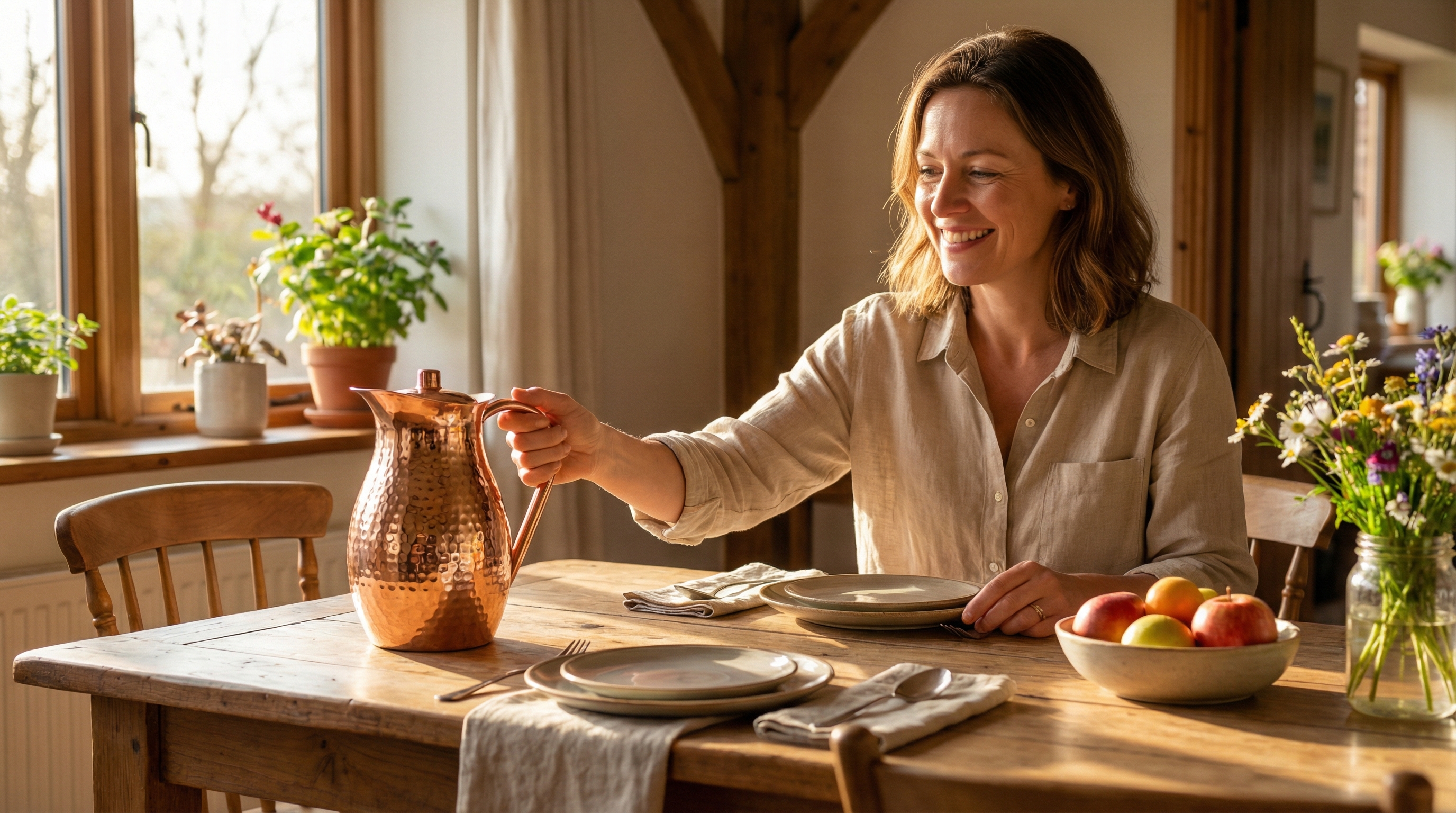 A happy, smiling Caucasian woman in a linen shirt, seated at a rustic wooden dining table, reaching for a hammered copper water pitcher with a flowing D-shaped solid copper handle, a bulbous gourd-shaped body with medium hammered dents, a polished rose-gold copper finish, and a smooth footed base that is the centerpiece, sunlight streaming through a window creating a warm, inviting atmosphere, photorealistic, candid lifestyle photography, 8k