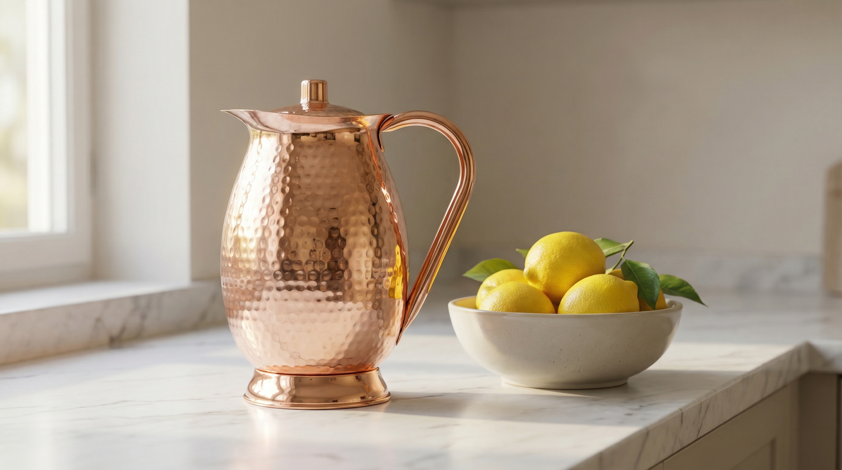 A hammered copper water pitcher with a flowing D-shaped solid copper handle, a bulbous gourd-shaped body with medium hammered dents, a polished rose-gold copper finish, and a smooth footed base sits elegantly on a minimalist kitchen counter made of white marble, next to a bowl of fresh lemons, soft daylight from a nearby window highlighting the warm polished copper, creating a calm and timeless atmosphere, neutral tones, photorealistic, product photography, 8k