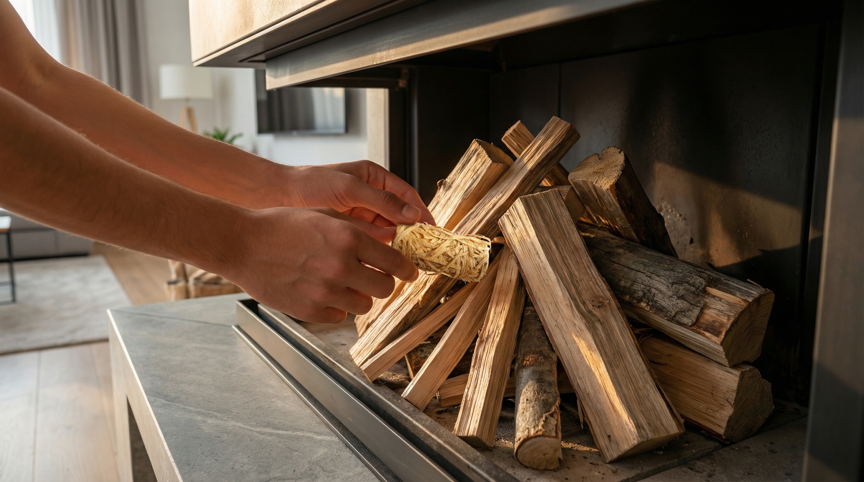 A person's hands carefully placing a natural wood wool fire starter into a meticulously built stack of kindling and split logs inside a clean, modern fireplace. The lighting is soft and focused, highlighting the textures of the wood and the fire starter. The scene feels intentional and prepared, photorealistic, magazine editorial quality, 8k.