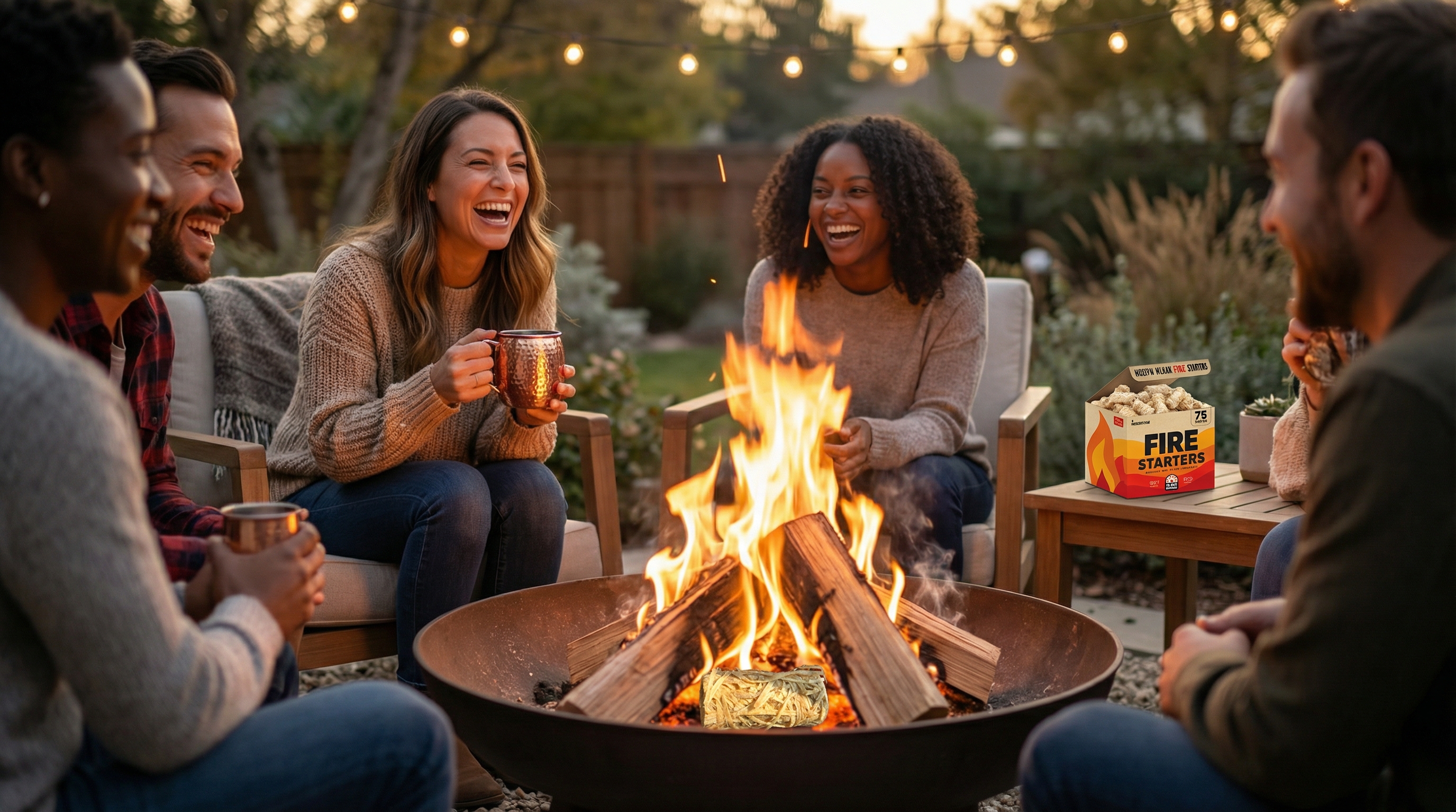 A diverse group of happy friends in their 30s, smiling and laughing around a beautifully lit backyard fire pit at dusk. One person is holding a hammered copper mug. The fire is burning brightly and cleanly, clearly established by a natural fire starter. The atmosphere is warm, social, and effortlessly chic. Candid lifestyle photography, photorealistic, 8k.