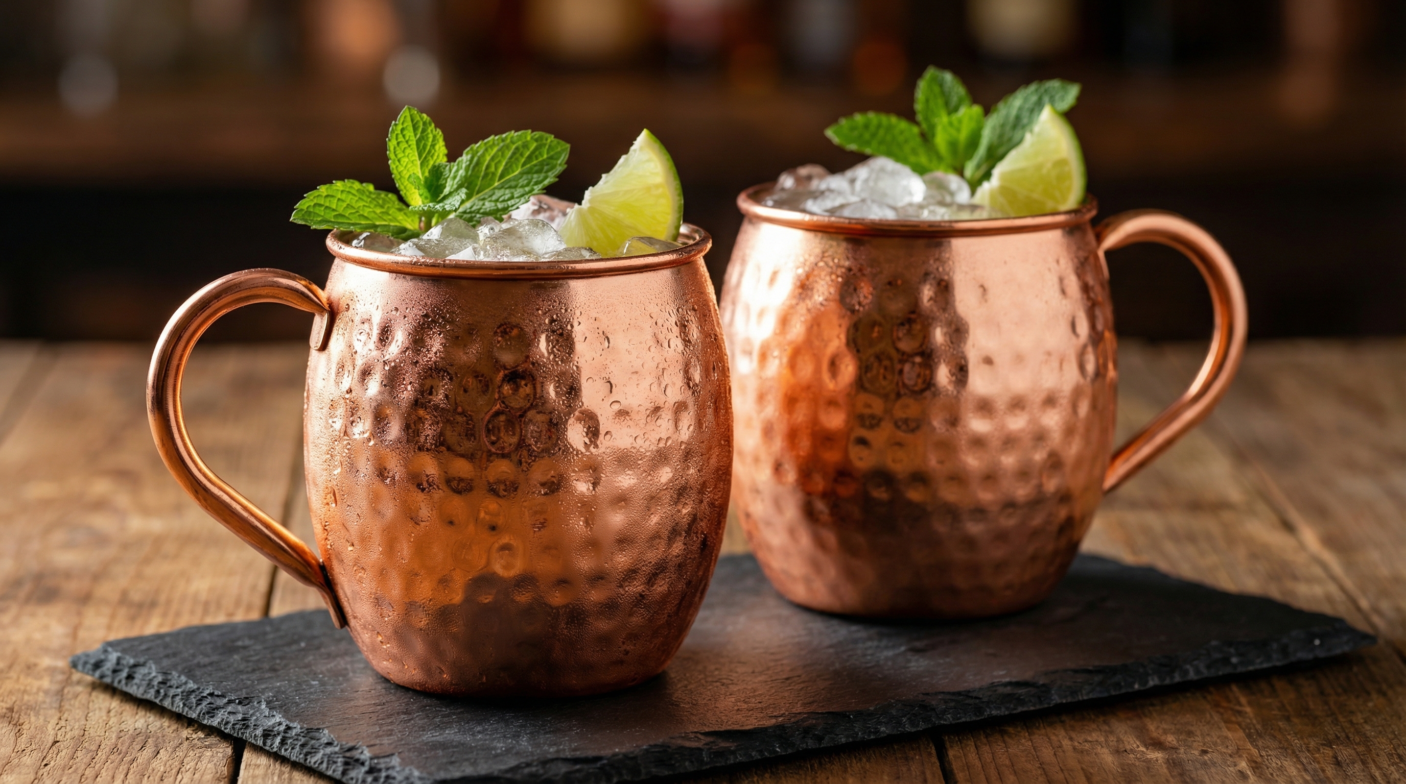 Elegant editorial tabletop scene featuring two authentic hammered copper Moscow Mule mugs filled with a frosty cocktail and garnished with lime wedges and mint. The mugs have a visible weight and rich texture, with condensation beading on the surface. The scene is set on a dark slate coaster against a soft, out-of-focus background. Soft, directional lighting from the side highlights the polished copper's gleam. Premium, minimalist, and sophisticated photography style, 8k.