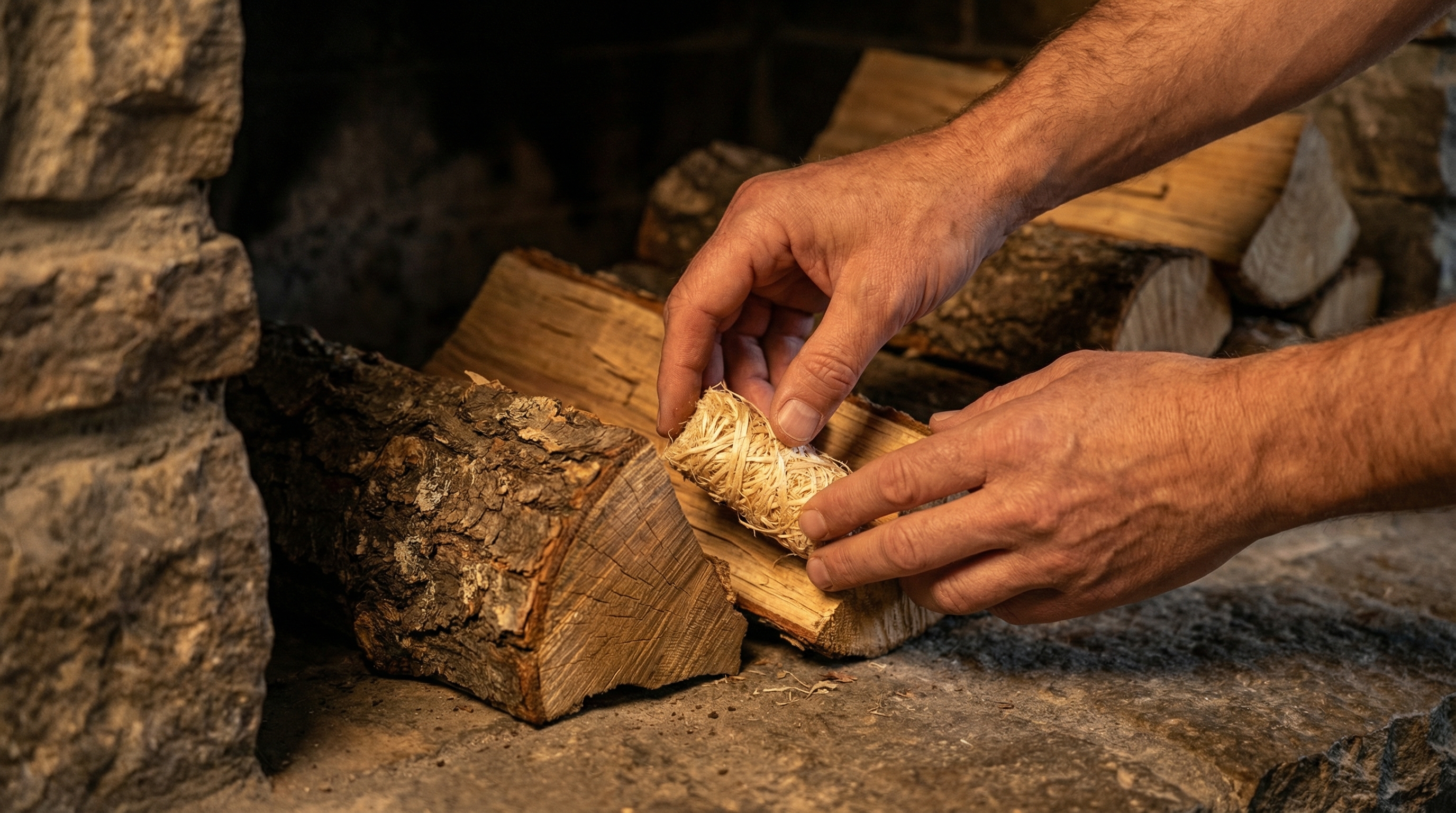 A close-up, atmospheric shot of hands carefully placing a natural wood wool fire starter among split logs in a modern stone fireplace. The lighting is low and warm, focusing on the texture of the wood and the fire starter. The mood is one of preparation, anticipation, and quiet intention. Shallow depth of field, photorealistic, cinematic quality, 8k.