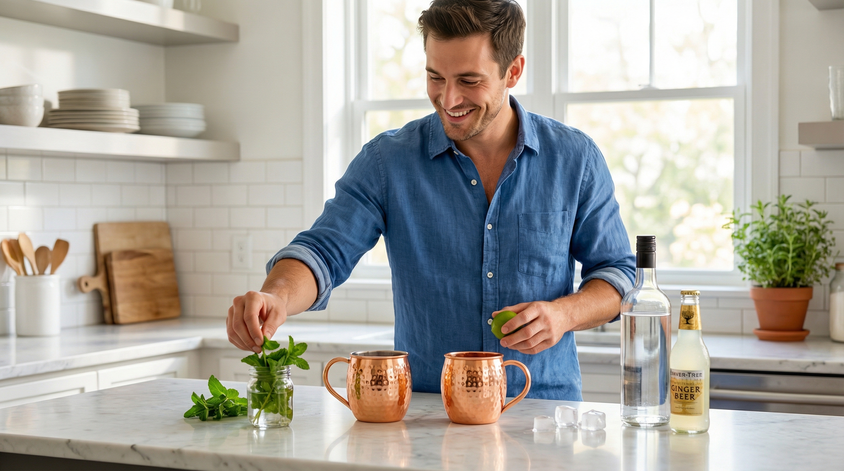 A happy, casually dressed man in his late 20s with a genuine smile, preparing a drink in a bright, modern kitchen. He is reaching for a sprig of mint, with a set of two polished hammered copper mugs with curved solid copper handles prominently displayed on the clean white marble countertop next to him. The scene is filled with soft daylight, feeling authentic and unposed. Candid lifestyle photography, photorealistic, 8k.