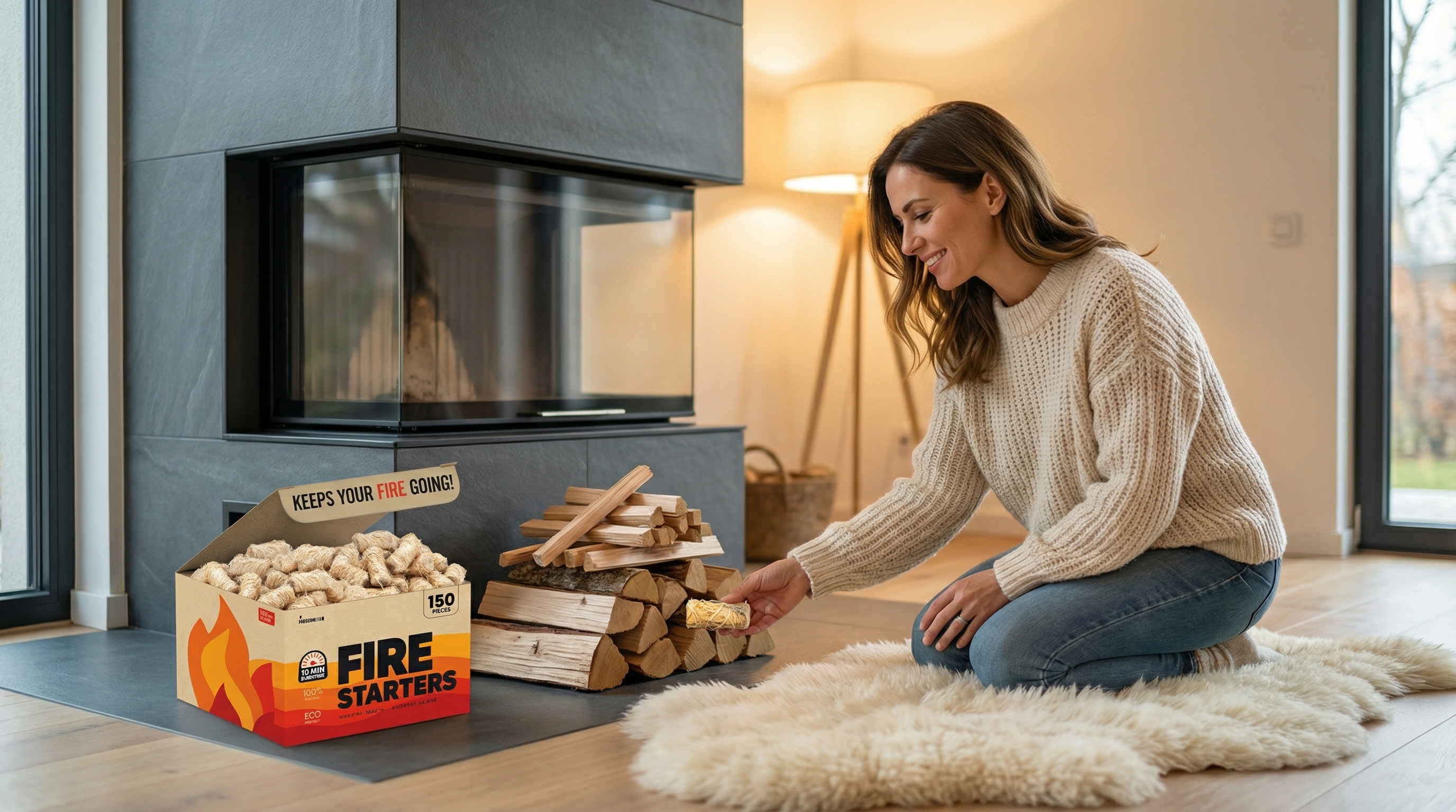 A stylish woman in her late 30s with a warm smile, wearing a cozy cream-colored sweater, kneels on a soft rug in front of a clean, modern slate fireplace. She is carefully placing a single natural wood wool fire starter under a neatly stacked pyramid of kindling and split logs. The scene is filled with warm, soft, ambient light from the room, creating a feeling of serene, effortless preparation. Magazine editorial quality, photorealistic, 8k.