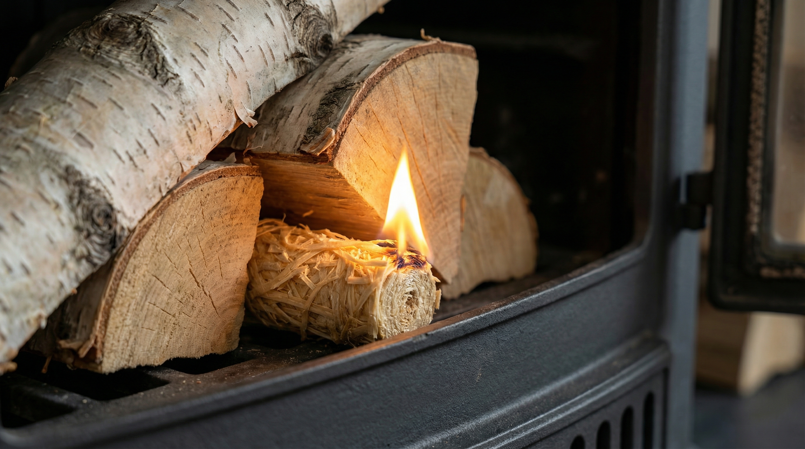 A close-up shot focusing on a natural wood wool fire starter tucked neatly beneath a stack of silver birch firewood inside a dark cast-iron fireplace. A small, bright yellow flame has just begun to catch on the wood wool fibers, its warm glow contrasting with the dark interior. The scene is clean, minimalist, and practical, highlighting the product's efficiency. Photorealistic, shallow depth of field, 8k.