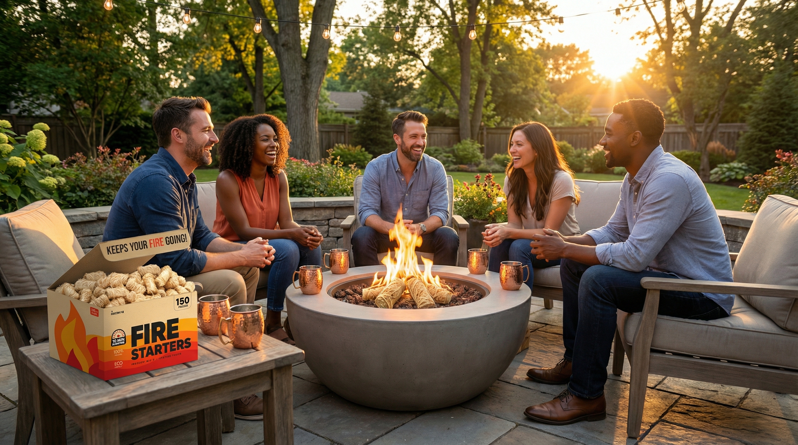 A vibrant scene on a backyard stone patio during the golden hour of sunset. A round, modern fire pit has a steady, clean-burning fire. A group of diverse friends in their 30s are laughing and talking, comfortably seated around the fire. On a wooden side table, several hammered copper mugs are visible, catching the warm light. The atmosphere is relaxed, sophisticated, and full of genuine connection. Lifestyle photography, photorealistic, 8k.