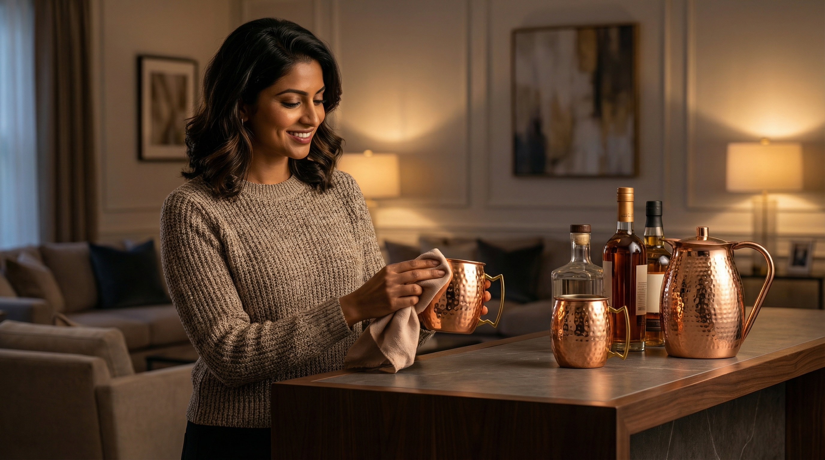 A stylish South Asian woman in her 30s, smiling warmly as she arranges a minimalist home bar, her hand gently polishing a highly polished hammered copper Moscow Mule mug with a distinctive angular D-shaped brass handle. The setting is a refined living room with warm, ambient evening light, a few quality spirits, and a matching copper pitcher visible. Photorealistic, magazine editorial quality for a luxury lifestyle publication, 8k.