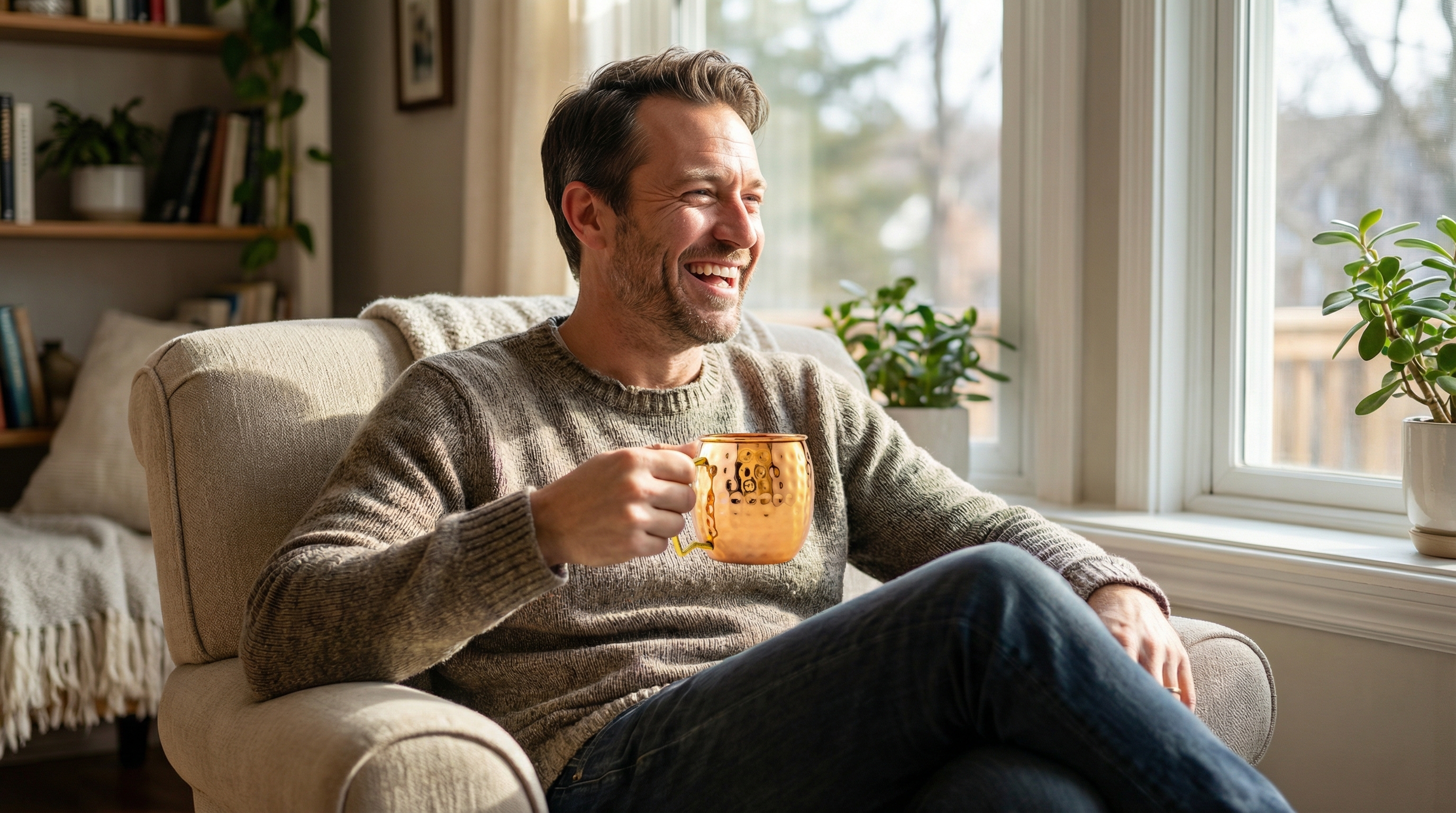 A happy, relaxed man in his 40s with a genuine laugh, sitting in a comfortable armchair and holding a highly polished hammered copper Moscow Mule mug with a distinctive angular D-shaped brass handle. Sunlight streams through a nearby window, catching the warm glow of the copper. The scene feels authentic and candid, focused on a moment of quiet enjoyment. Photorealistic, candid lifestyle photography, 8k.