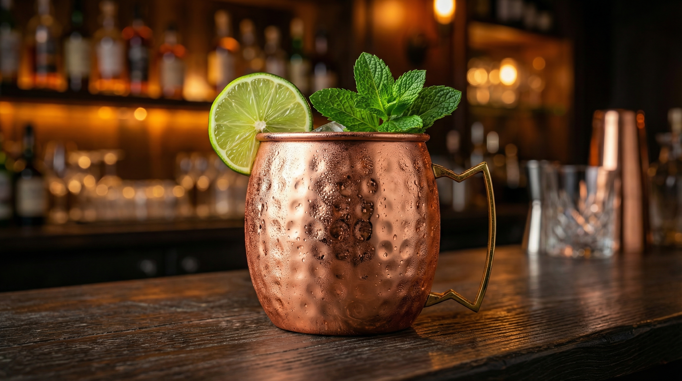 A classic Moscow Mule, perfectly styled in a highly polished hammered copper mug with a distinct angular geometric brass handle. The mug is frosted with condensation and garnished with a vibrant green lime wheel and a fresh mint sprig. Set against a dark, moody, out-of-focus bar background with warm ambient light, creating a timeless and sophisticated cocktail photograph.