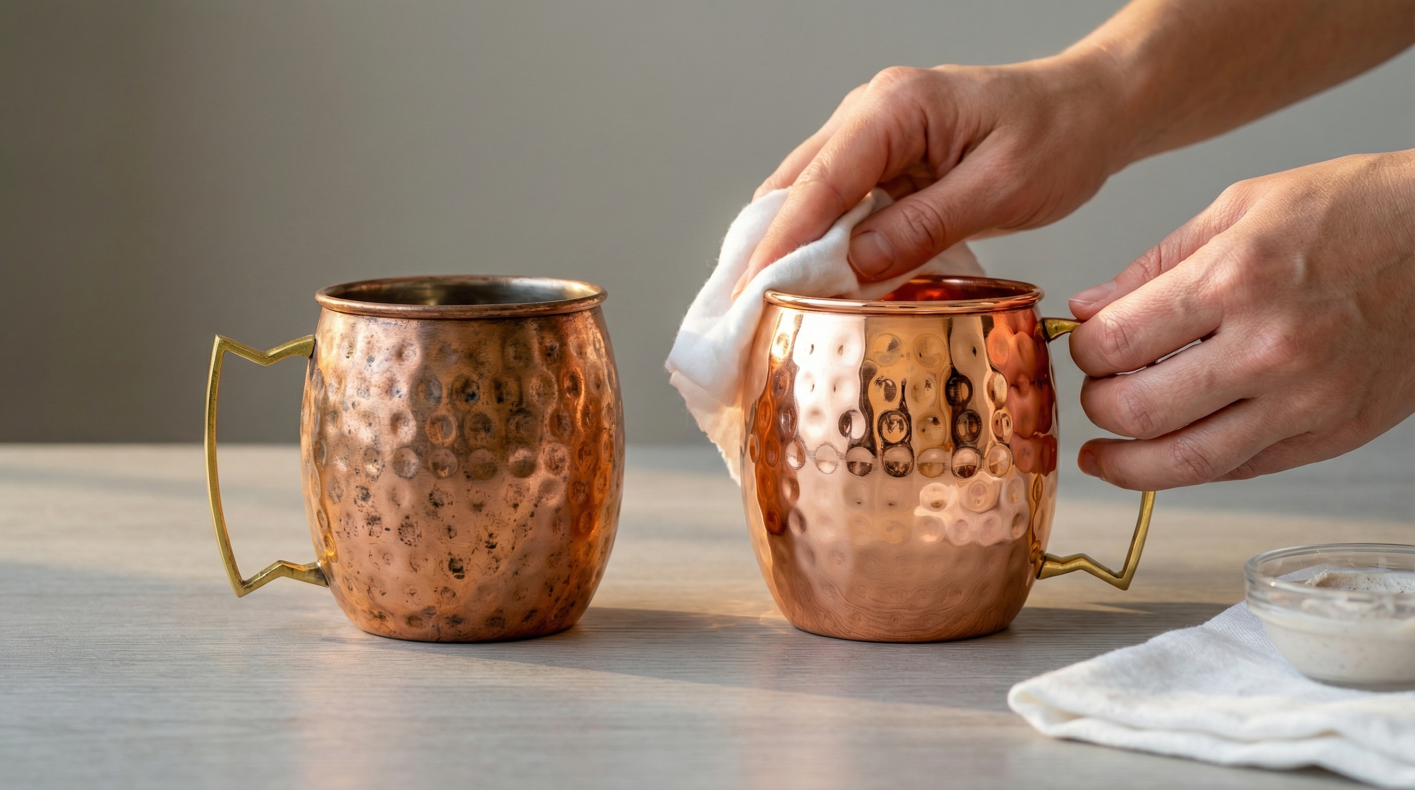 A minimalist tabletop scene featuring a pair of slightly tarnished hammered copper Moscow Mule mugs. One mug is being gently cleaned by the hands of a person with a soft cloth, showcasing a before-and-after effect. The background is a soft, neutral grey, with warm, natural side-lighting that highlights the texture of the copper. The style is educational and editorial, photorealistic, 8k.