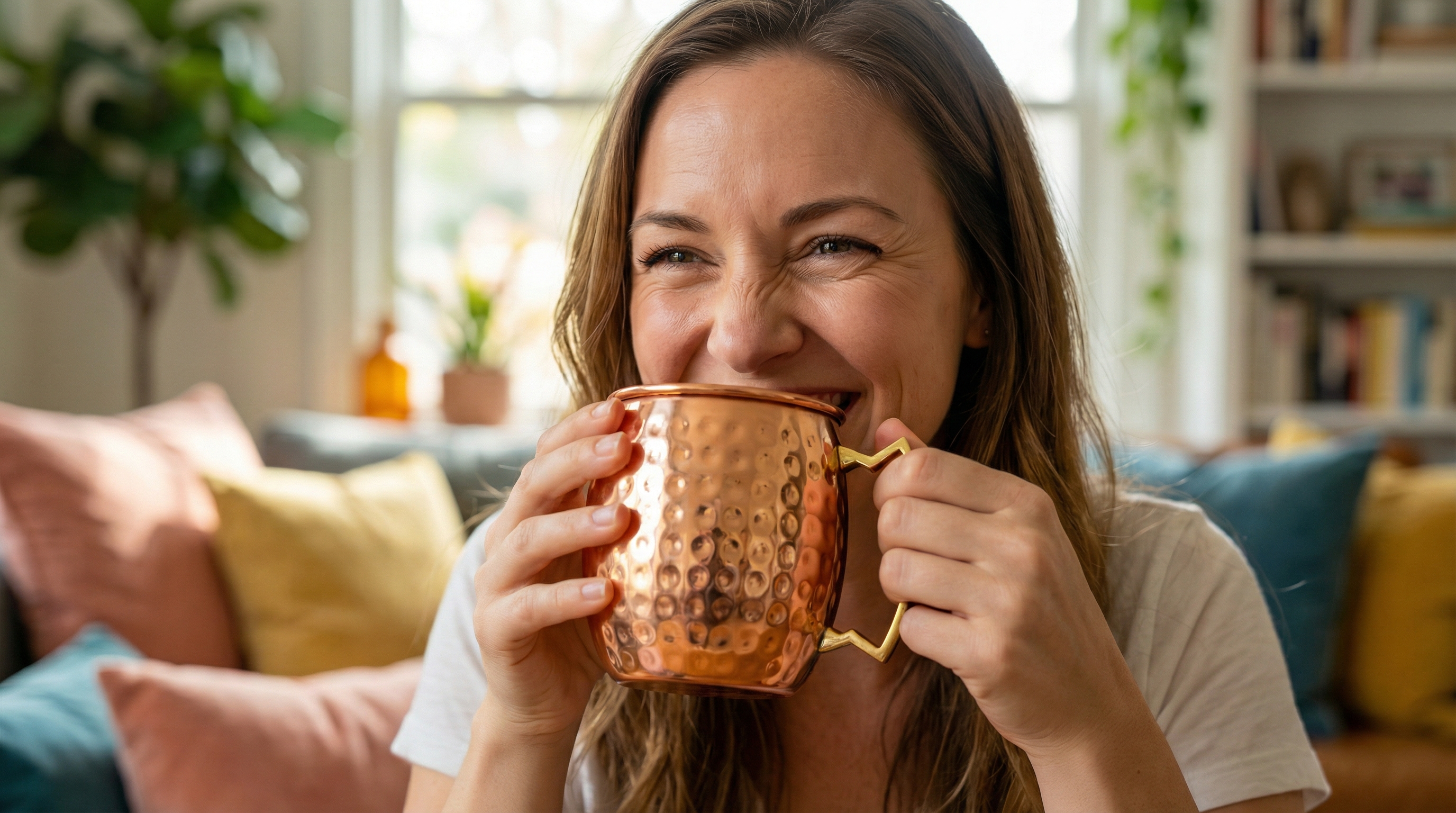 A close-up shot of a happy Caucasian woman in her early 30s, with a genuine smile, sipping a Moscow Mule from a gleaming hammered copper mug with an angular D-shaped flat-bar brass handle. She is sitting in a beautifully decorated, bright living room, enjoying a relaxing moment. The focus is on the mug and her joyful expression. The shot feels candid and authentic, like a high-end lifestyle photograph, 8k.