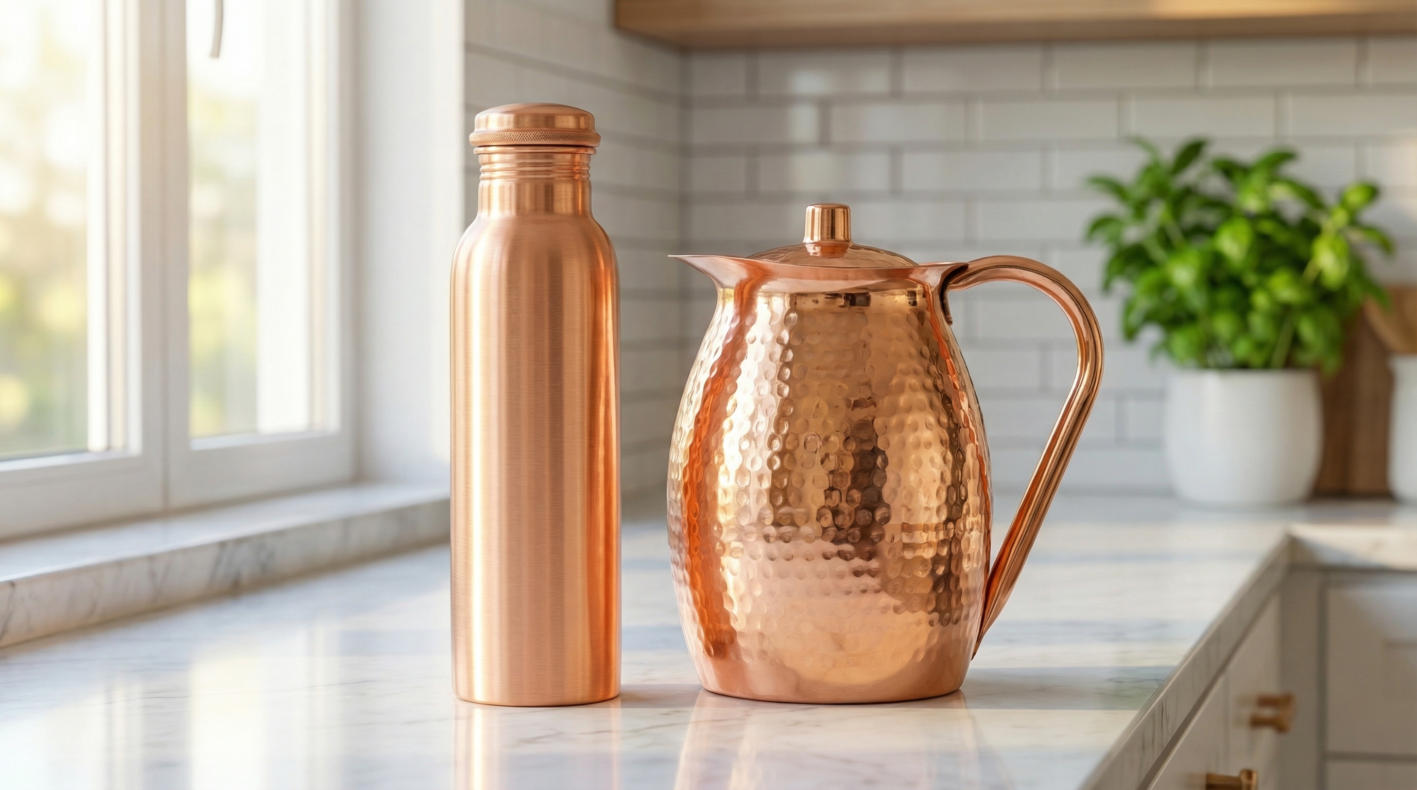 A stunning Moscow Mix pure copper water bottle with a vertical brushed finish and a hammered copper water pitcher on a clean, white marble kitchen counter. Soft, natural daylight streams in from a nearby window, creating gentle reflections on the copper surfaces. In the background, there are subtle hints of a modern, upscale kitchen, like a subway tile backsplash and a green plant. The scene is serene, elegant, and aspirational, photorealistic, 8k.