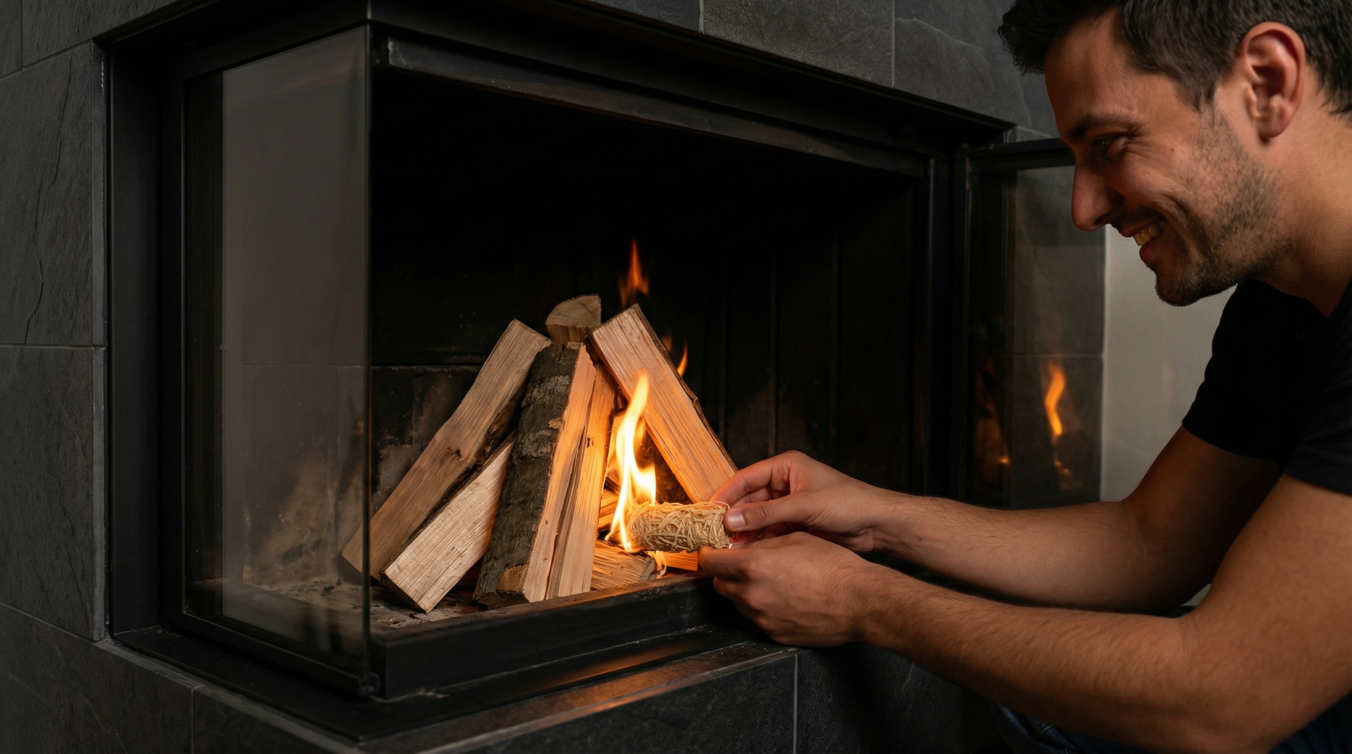 A happy man's hands carefully placing a compact rectangular natural fire starter made of compressed interwoven wood wool shavings under neatly stacked firewood in a modern home fireplace, with the first flames starting to catch, creating a warm and inviting glow. The man has a look of easy satisfaction. Candid lifestyle photography, 8k.