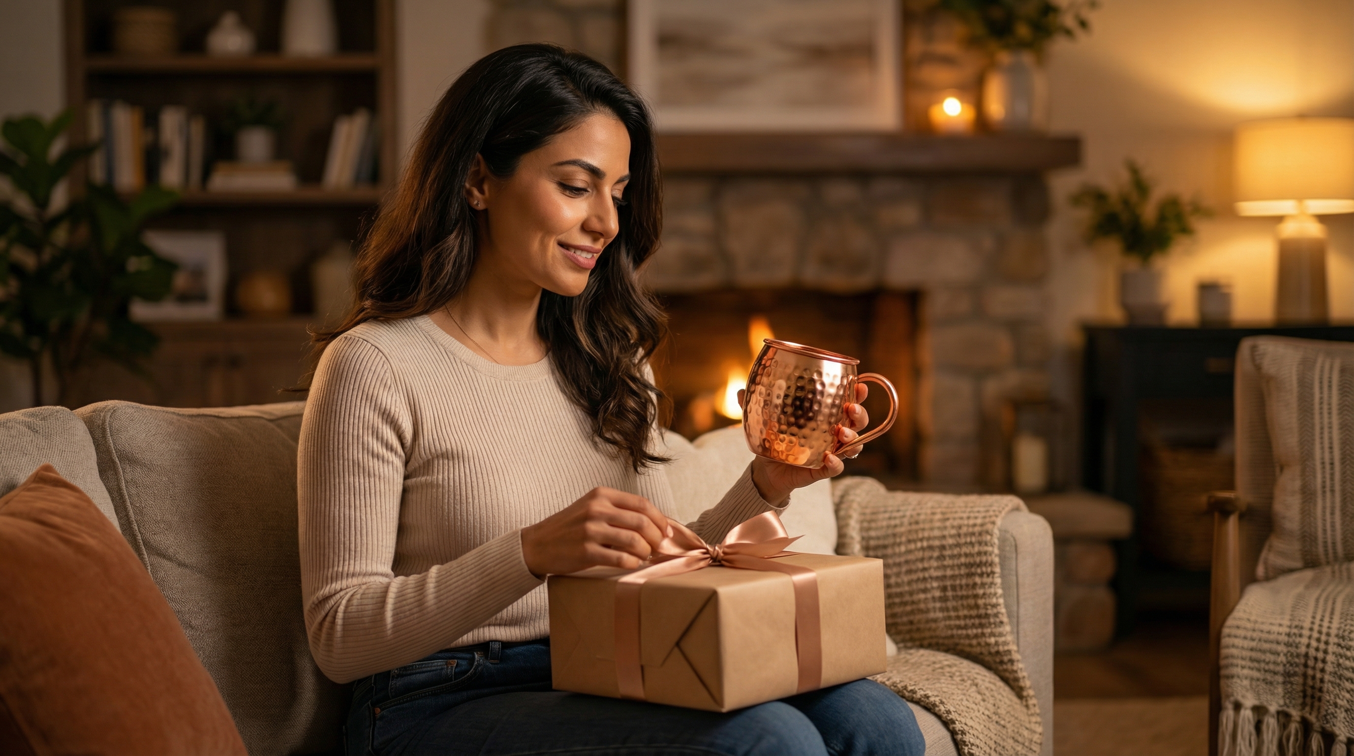 A stylish Middle-Eastern woman in her early 30s, with a warm, contemplative smile, carefully unwrapping a gift box containing a set of copper mugs. She is sitting in a cozy, modern living room with a soft-focus fireplace in the background. The scene is illuminated by warm, soft evening light, creating an atmosphere of elegance and heartfelt appreciation. She is holding one hammered copper Moscow Mule mug with a curved C-shaped pure copper handle, barrel-shaped body with small uniform hammered dents, and a highly polished rose-gold copper finish. Photorealistic, magazine editorial quality, 8k.
