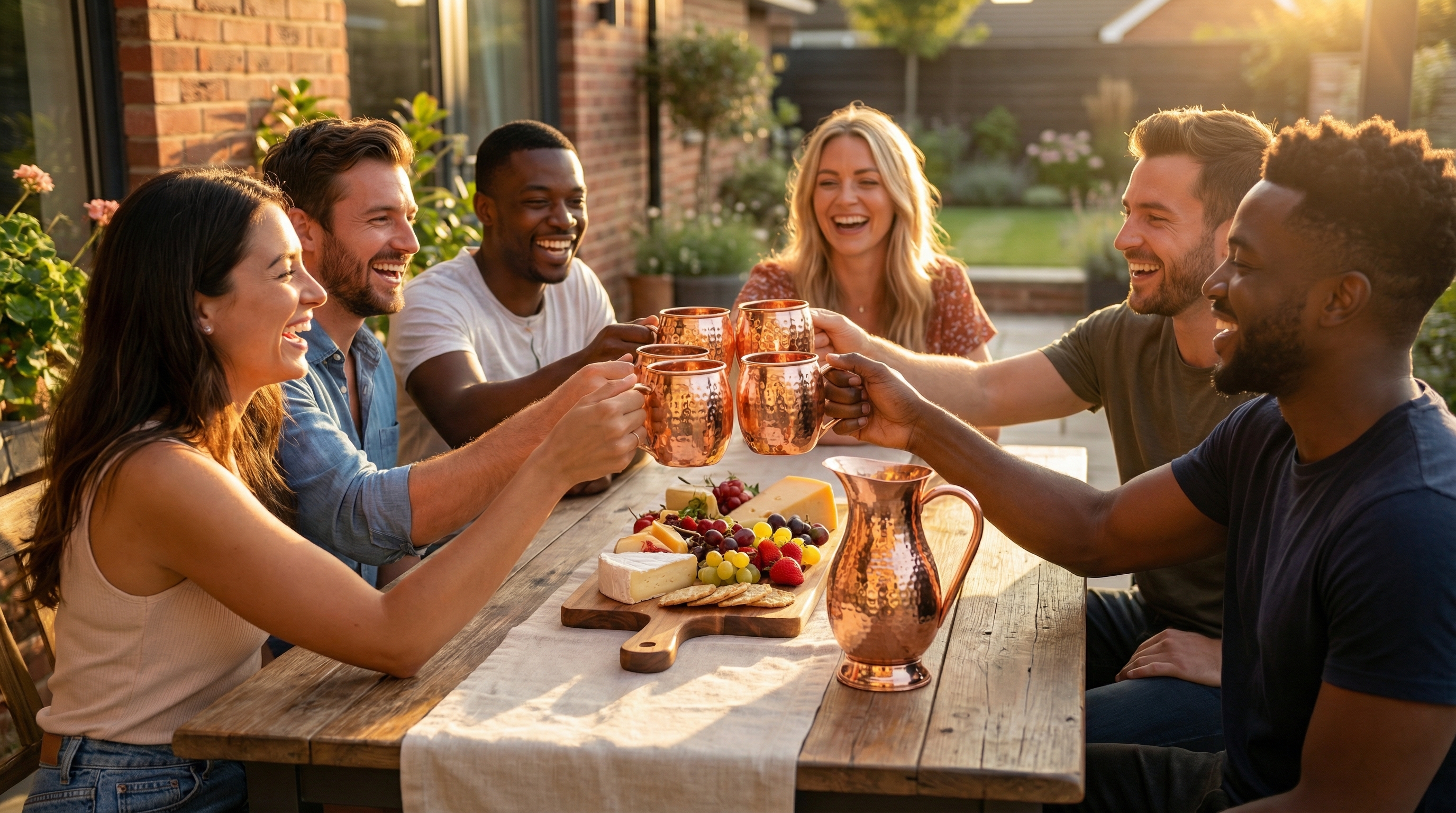 A happy, diverse group of friends in their late 20s and early 30s, laughing and toasting each other on a stylish patio. They are holding hammered copper Moscow Mule mugs with a curved C-shaped pure copper handle, barrel-shaped body with small uniform hammered dents, and a highly polished rose-gold copper finish. The table has natural textures like a linen runner and a wooden cheese board. The lighting is golden hour, casting a warm glow on their genuine smiles. Photorealistic, candid lifestyle photography, 8k.