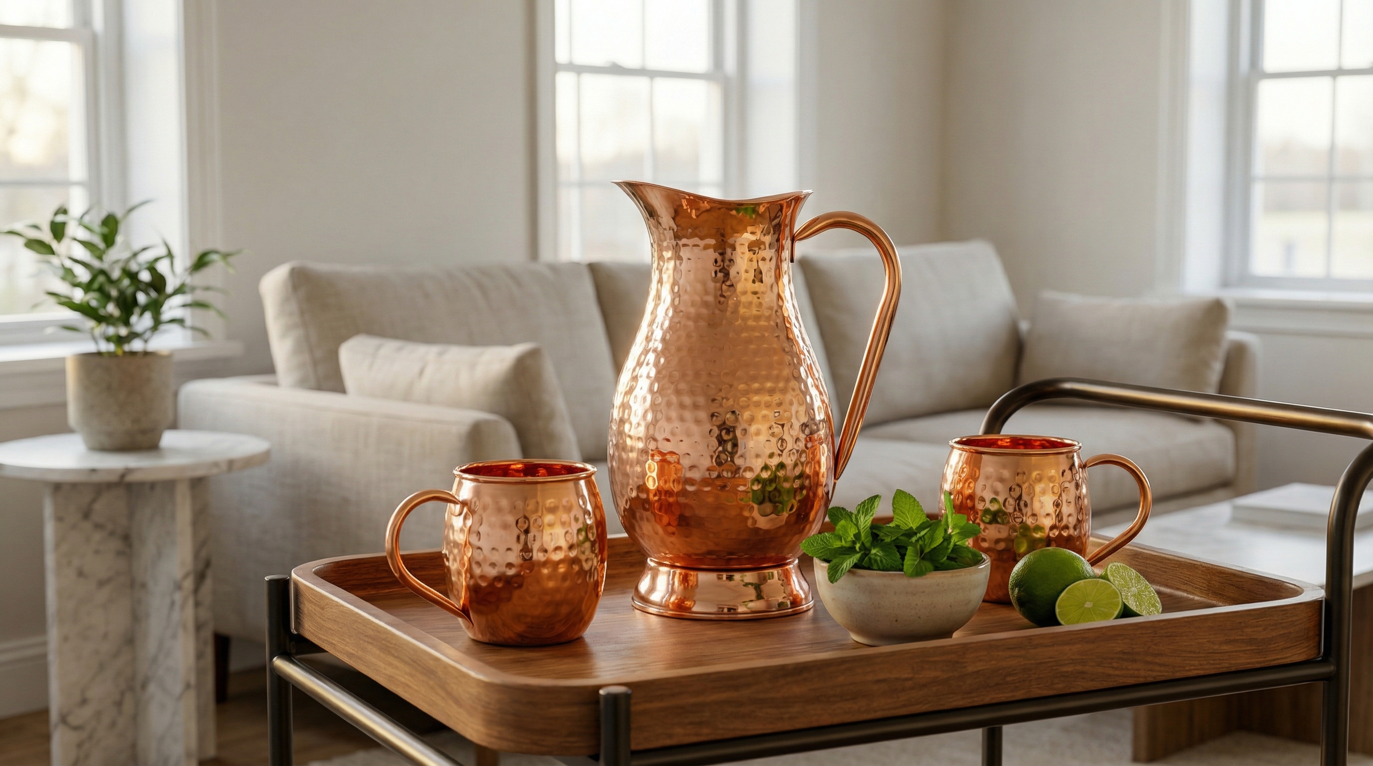 A beautifully styled bar cart in a calm, minimalist home interior. A Pure Copper 70 Oz Water Pitcher Tall with a flared spout and smooth-footed base sits as the centerpiece, next to two neatly arranged hammered copper Moscow Mule mugs. Fresh mint and limes are in a small bowl nearby. The background is softly blurred, focusing on the warm, reflective surfaces of the copper. The scene feels serene, elegant, and ready for entertaining. Photorealistic, product-focused lifestyle shot, 8k.