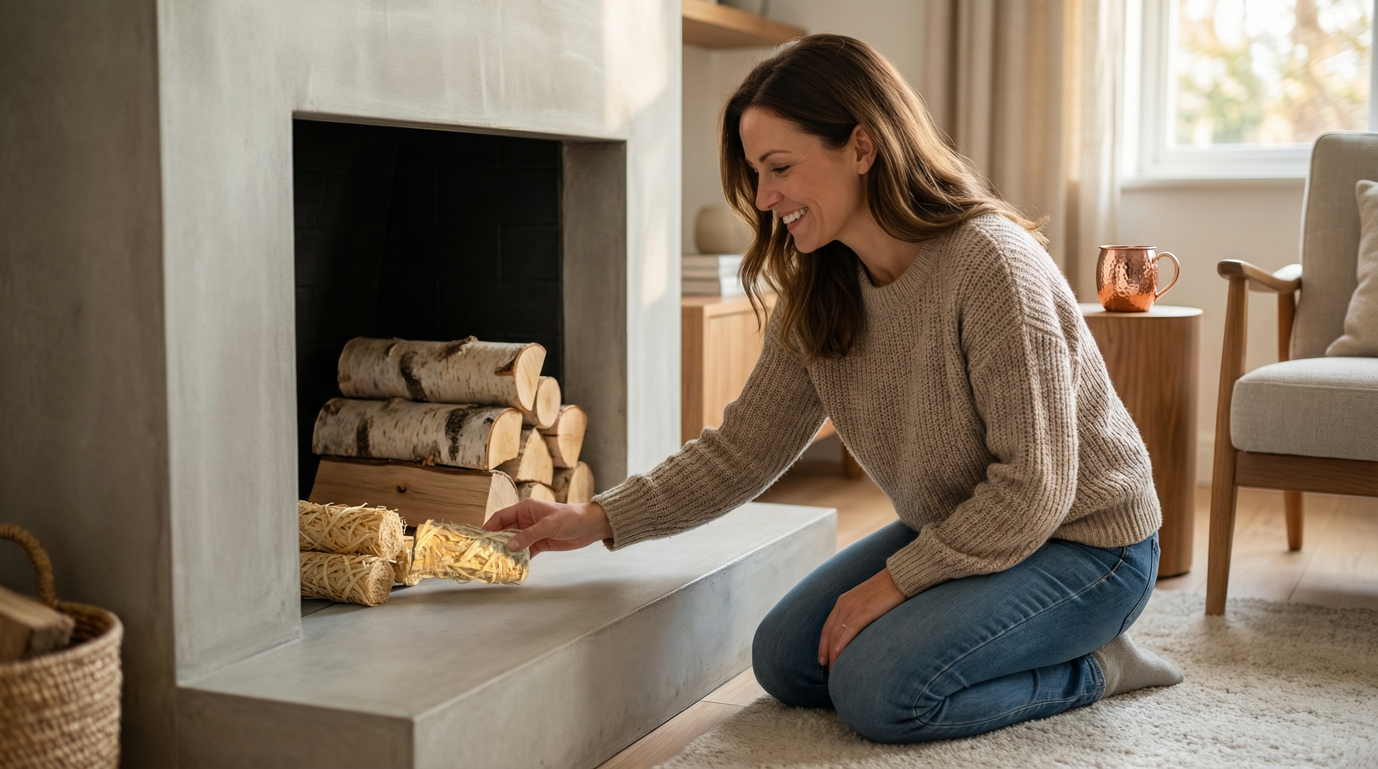 A happy woman with a genuine, relaxed smile, kneeling to place a natural wood wool fire starter into a minimalist fireplace with neatly stacked birch firewood. The hearth is clean and the home interior is quiet and composed, with a cozy but modern feel. Authentic lifestyle photography, photorealistic, 8k.