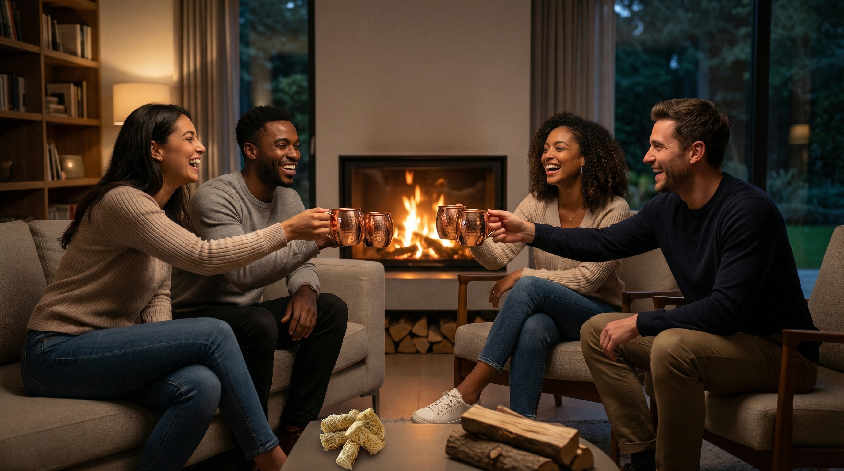 An evening home scene, a diverse group of friends laughing and gathered near a softly glowing fireplace. They are holding highly polished hammered copper mugs with classic C-shaped handles, with warm reflections from the fire dancing on the metal. The atmosphere is relaxed, modern, and sophisticated. Candid lifestyle photography, 8k.