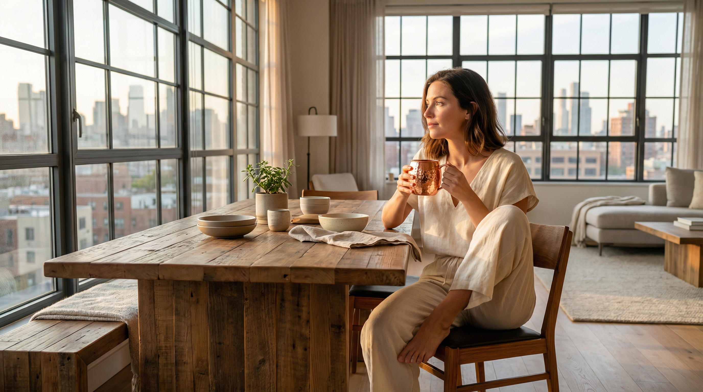 Editorial scene in a modern apartment with large windows and abundant natural light. A thoughtful woman in her early 30s, dressed in minimalist linen clothing, sits at a reclaimed wood table. She holds a hammered copper mug with a classic C-shaped pure copper handle and a highly polished, reflective rose-gold copper finish, cradling it in her hands as she looks out the window. The overall aesthetic is forward-looking, refined, and warm.