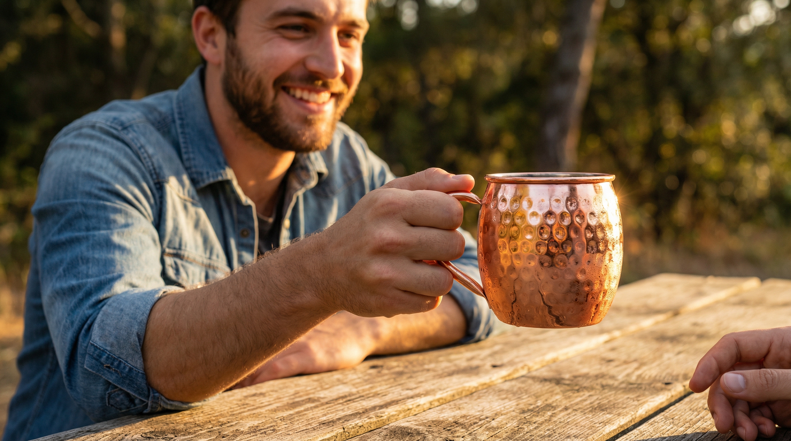 Close-up lifestyle shot of a happy, smiling man in his late 20s outdoors at a rustic wooden table during golden hour. He is handing a friend (out of frame) a glistening hammered copper Moscow Mule mug with a classic C-shaped pure copper handle and a highly polished, reflective rose-gold copper finish. The focus is on the genuine interaction and the warm light reflecting off the mug's textured surface. The mood is candid, relaxed, and joyful, embodying an authentic lifestyle moment.