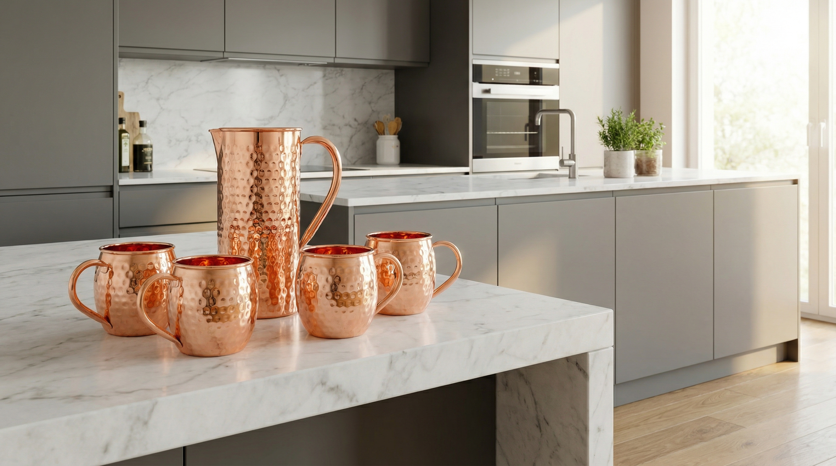 A stunning, professionally styled shot of a contemporary kitchen with matte grey cabinets and a white marble countertop. Prominently featured is a collection of Moscow Mix copper barware: four hammered copper mugs and a tall copper water pitcher, all with a polished rose-gold finish. The scene is clean, aspirational, and demonstrates how copper can integrate into a modern, luxury lifestyle. Soft, natural light from a nearby window highlights the warm tones of the copper.