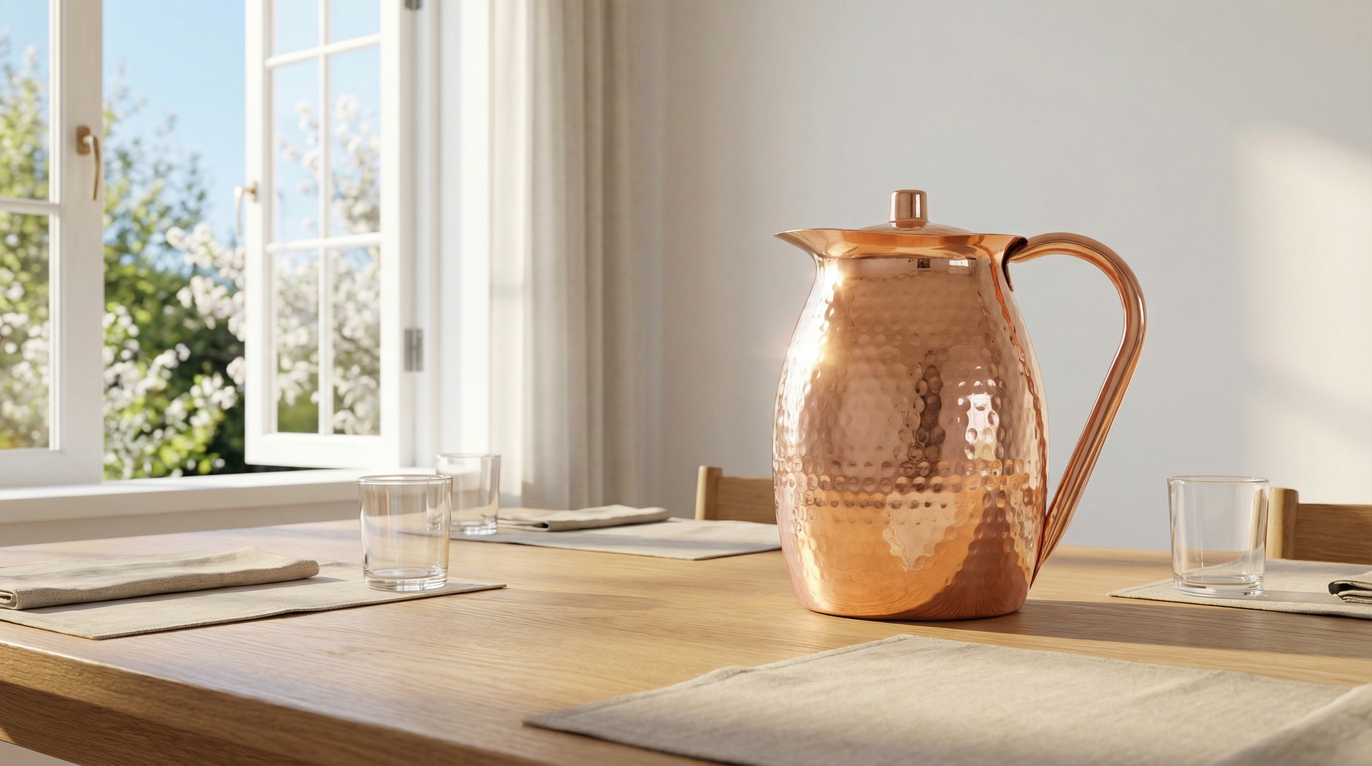 An open window in a light-filled dining area, with a simple, uncluttered wooden table setting. A bulbous hammered copper water pitcher with a flowing C-shaped handle sits as a centerpiece, its polished rose-gold surface reflecting the soft spring light. The space feels clean, calm, and serene, emphasizing a minimalist spring aesthetic. Still life, high detail, photorealistic, 8k.