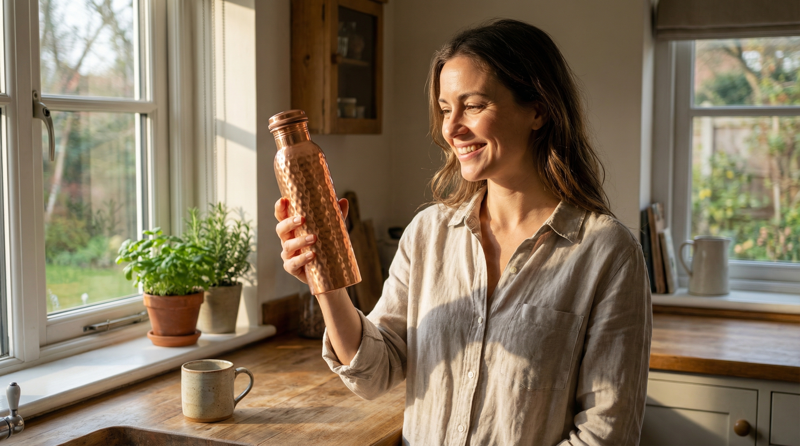 A happy, relaxed woman with a genuine smile, holding a tall, cylindrical hammered copper water bottle with small, dense, rounded dents, a sloped shoulder, and a matching screw-on copper cap, in a polished, warm rose-gold copper finish. She is standing in her kitchen bathed in soft morning light, creating long, gentle shadows. The mood is peaceful and fresh, like an authentic moment of a quiet spring morning. Candid lifestyle photography, photorealistic, 8k.