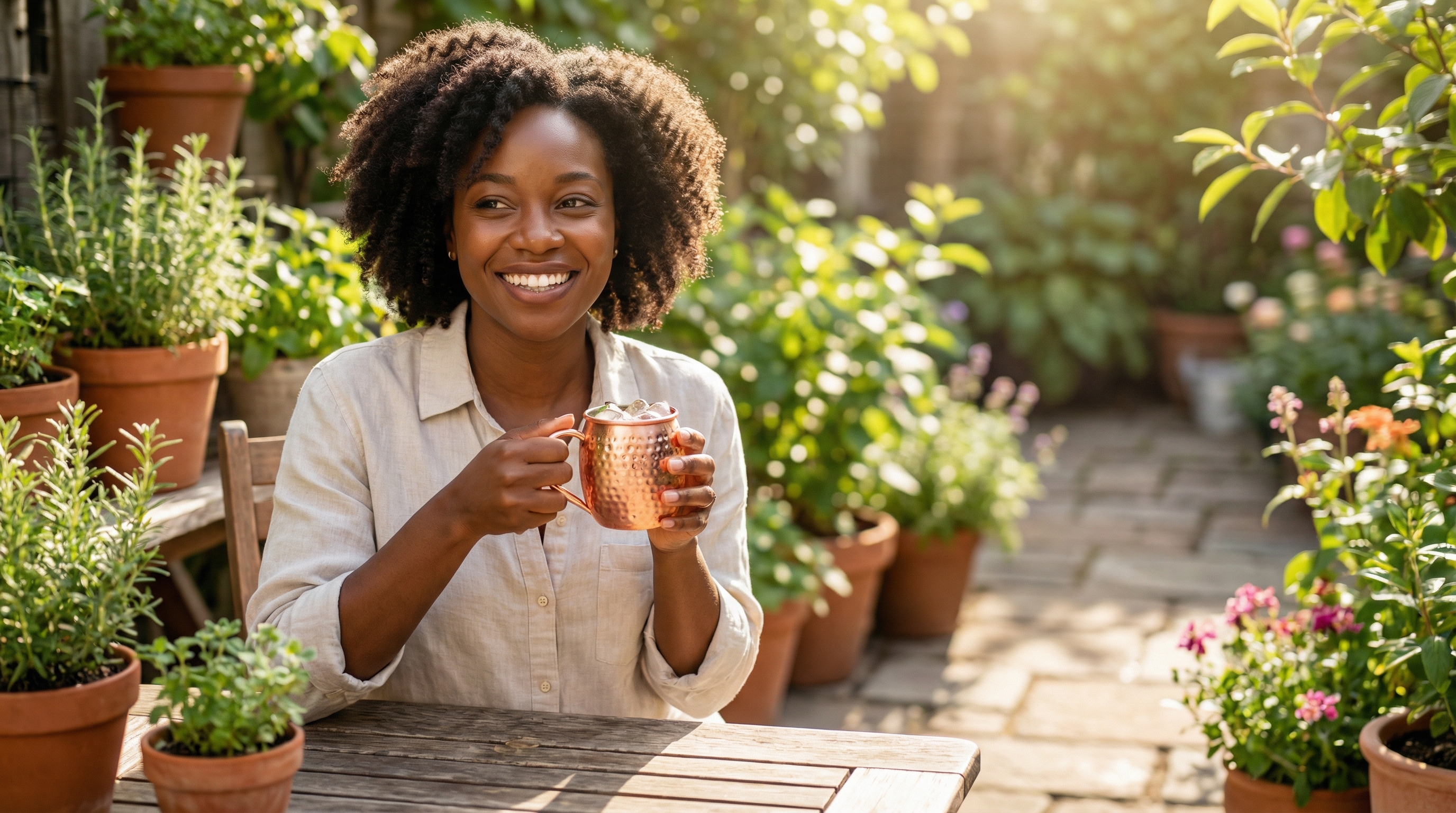 A radiant Black woman in her 30s, smiling warmly at a friend just out of frame, holding a hammered copper Moscow Mule mug with a C-shaped polished copper handle, barrel-shaped body with dense hammered dimples, brilliant polished rose-gold copper finish. She is sitting at a simple wooden table on a sun-drenched patio surrounded by fresh greenery. The atmosphere is relaxed and filled with bright, natural afternoon light, embodying the ease of spring hosting. Photorealistic, magazine editorial quality, 8k.
