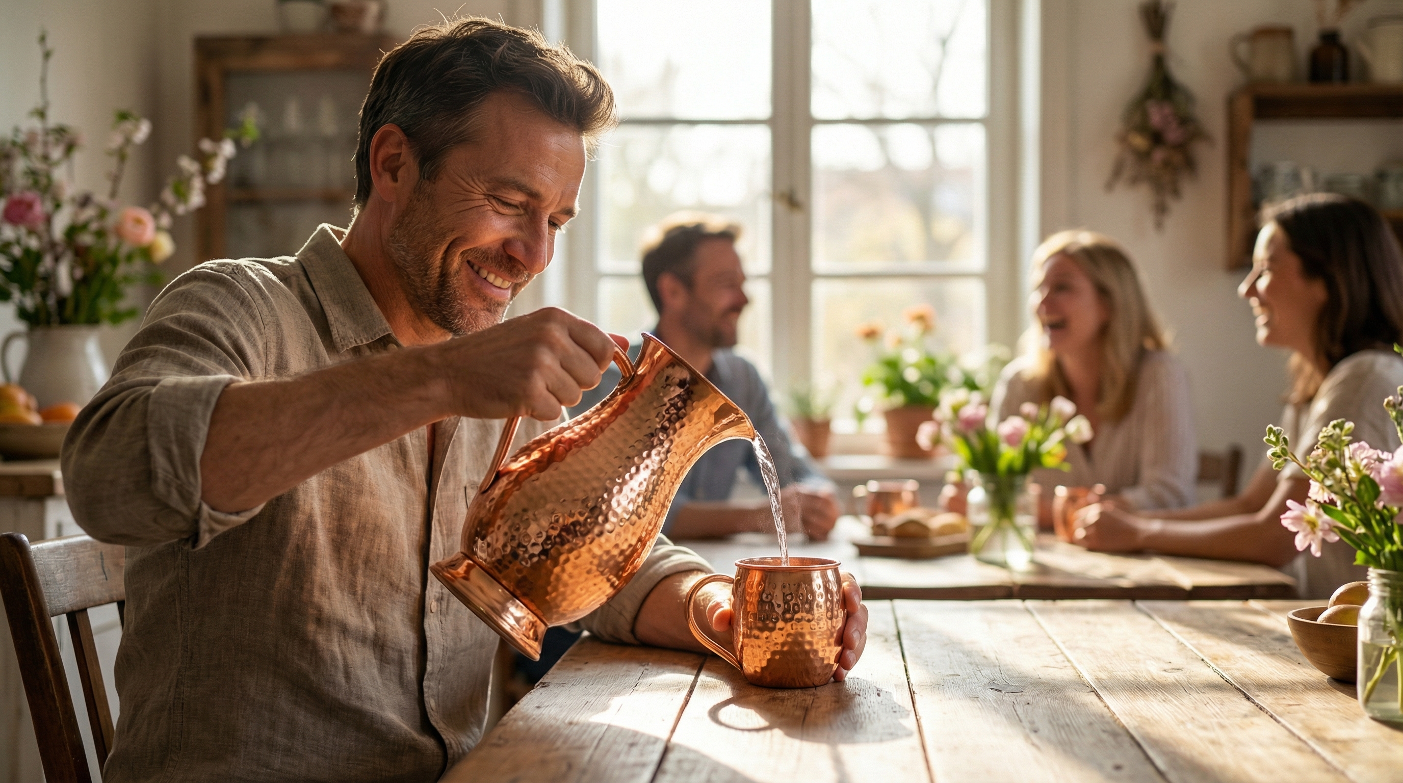 A happy, relaxed man in his 40s with a genuine smile, pouring water from a tall hammered copper pitcher with a large flowing copper handle into a glass. He is at a casual spring gathering, with soft, bright daylight streaming through a nearby window, illuminating the scene. The setting feels easy and unstyled, focusing on the simple, enjoyable moment. Photorealistic, candid lifestyle photography, 8k.