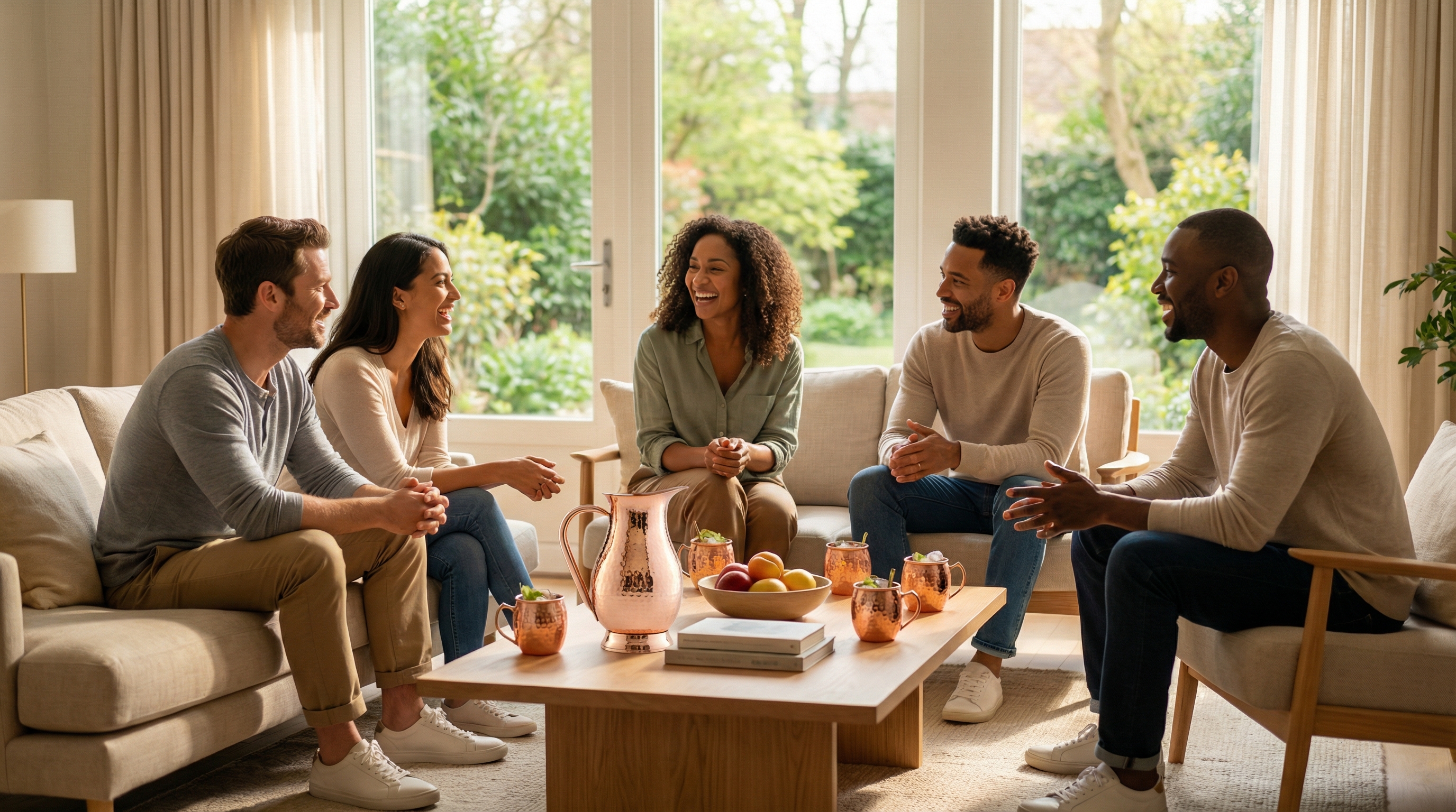 A small, diverse group of friends in their 30s chatting and laughing in a light-filled, minimalist living room with large windows showing a green, leafy background. The mood is calm, candid, and relaxed, capturing an authentic hosting moment in the spring. No specific products are the focus, but the overall lifestyle of simple connection and comfort is clear. Photorealistic, warm natural light, 8k.