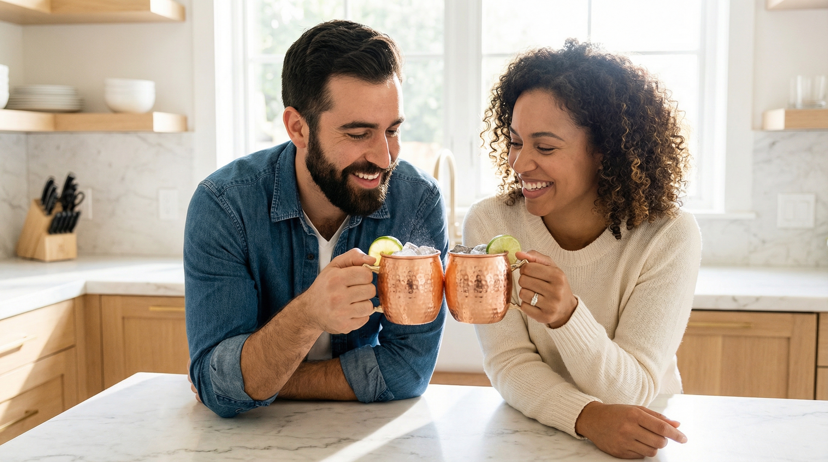 Two happy, diverse friends in their early 30s, a man and a woman, are toasting each other with effervescent, ice-filled drinks in hammered copper Moscow Mule mugs. They are in a bright, sunlit modern kitchen with white marble countertops. Their smiles are genuine and relaxed, capturing a candid moment of celebration and friendship. The focus is on their connection, with the clinking mugs as the central point. Photorealistic, candid lifestyle photography, 8k.