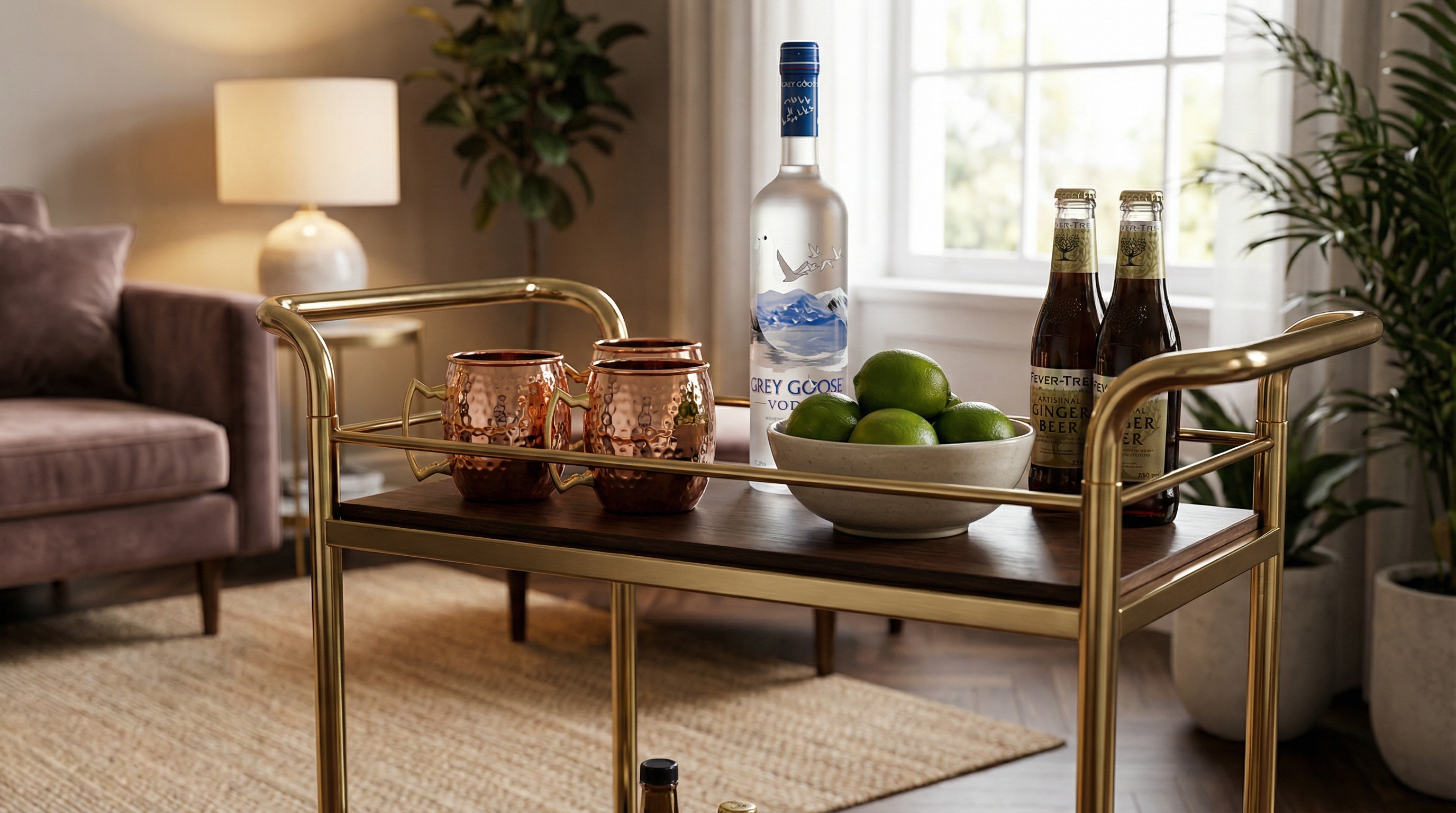 A beautifully curated bar cart in a stylish living room. On the top shelf, two highly polished hammered copper Moscow Mule mugs sit next to a bottle of premium vodka, a bowl of fresh limes, and artisanal ginger beer. The setting is elegant and aspirational, suggesting a lifestyle of sophisticated entertaining. Soft, warm light illuminates the scene. Photorealistic product lifestyle shot, 8k.