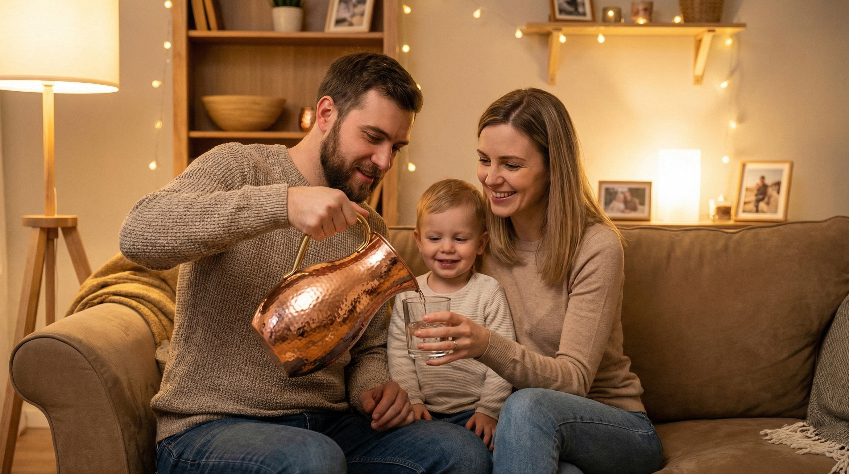 A beautiful Caucasian young family—a mother, father, and a young child—are gathered in their cozy, stylish family room. The father is pouring water from a hammered copper water pitcher with a large, C-shaped polished brass handle for his smiling wife and child. The room has a comfortable sofa and warm, ambient lighting, conveying a sense of love, connection, and cherished family moments. Photorealistic, warm and inviting, 8k.