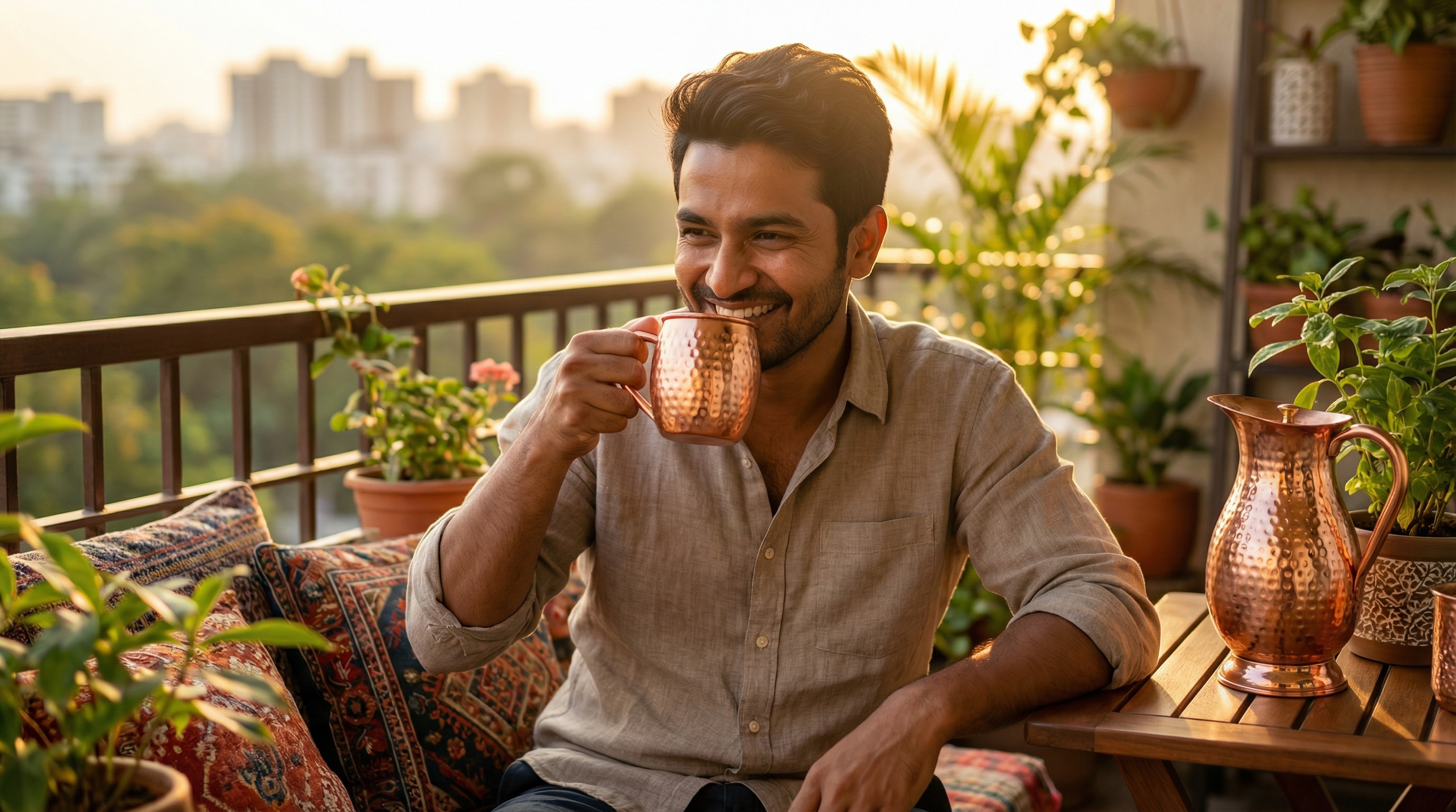 A happy, relaxed South Asian man in his late 20s, genuinely smiling as he sips a cocktail from a hammered copper mug with a curved flowing pure copper handle, barrel-shaped body with small hammered dents, polished rose-gold copper color. He is on a cozy balcony at golden hour, creating an authentic and warm lifestyle moment. Photorealistic, candid lifestyle photography, 8k.