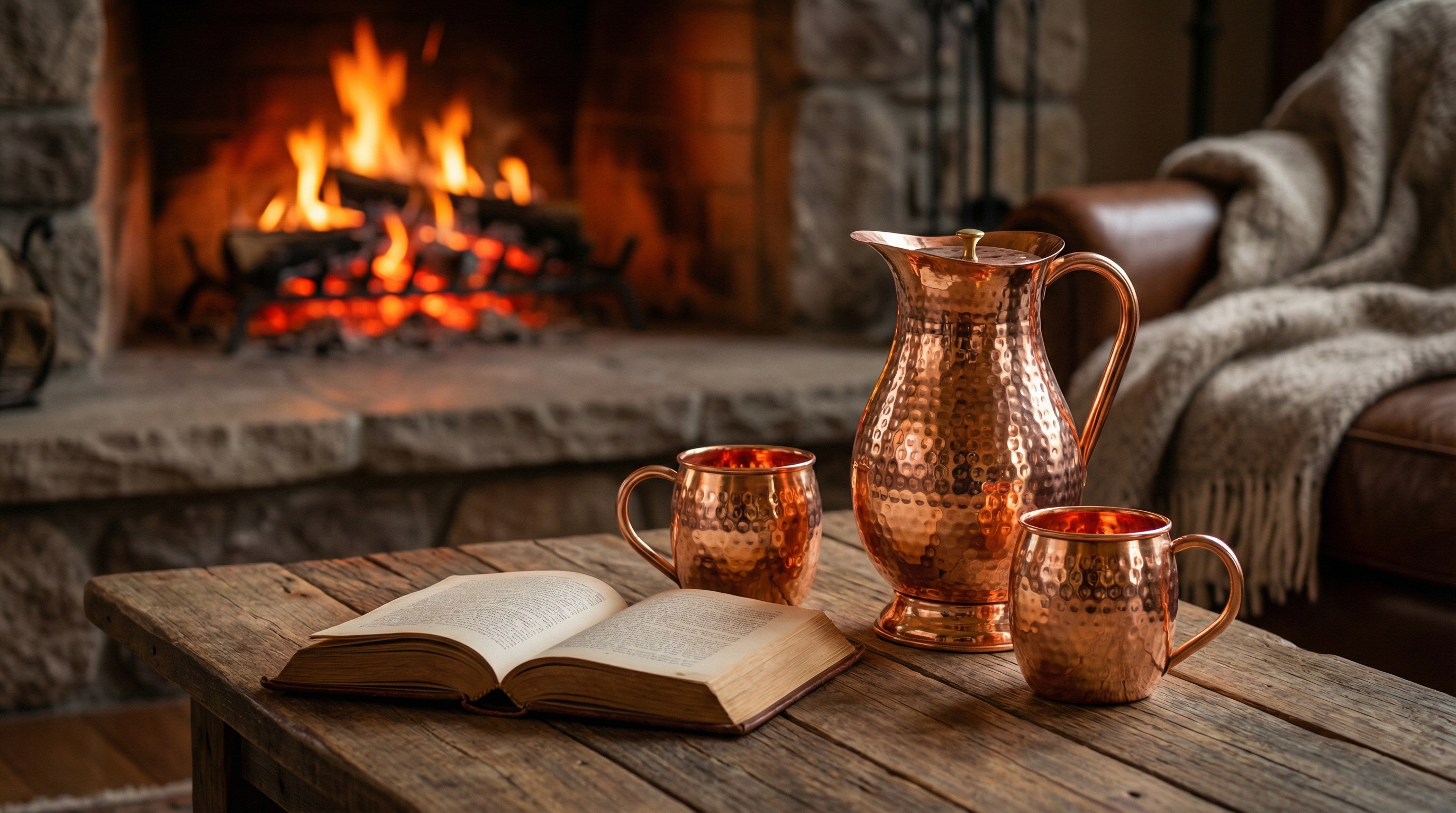 A beautifully arranged scene on a rustic wooden coffee table next to a stone fireplace. A hammered copper water pitcher and two matching copper mugs sit beside an open book. The fire is crackling warmly in the background, subtly illuminating the polished copper surfaces. The atmosphere is quiet, comforting, and deeply analog. Lifestyle photography, soft focus, 8k.