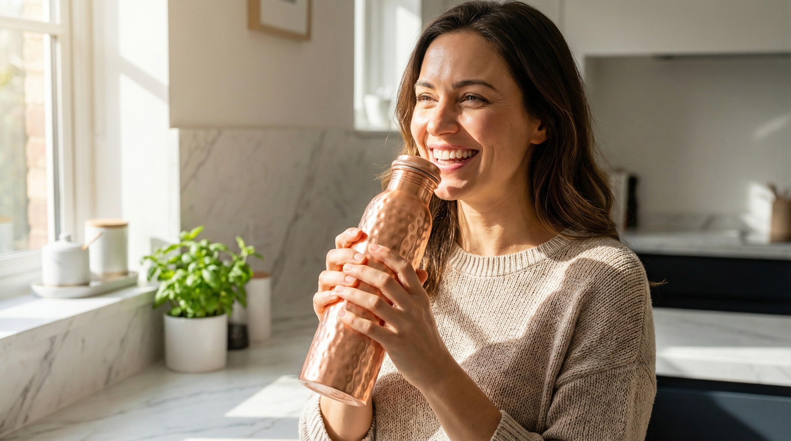 A happy, radiant woman in her early 30s with a genuine smile, standing in a bright, sunlit kitchen. She is holding a hammered copper water bottle with a screw-on cap, cylindrical body with small dimpled dents, and a polished rose-gold copper finish, about to take a drink. The kitchen is clean and minimal, with a white marble countertop and a small green plant in the background. The photo feels authentic and candid, like a real moment of daily joy. Photorealistic, lifestyle magazine photography, 8k.