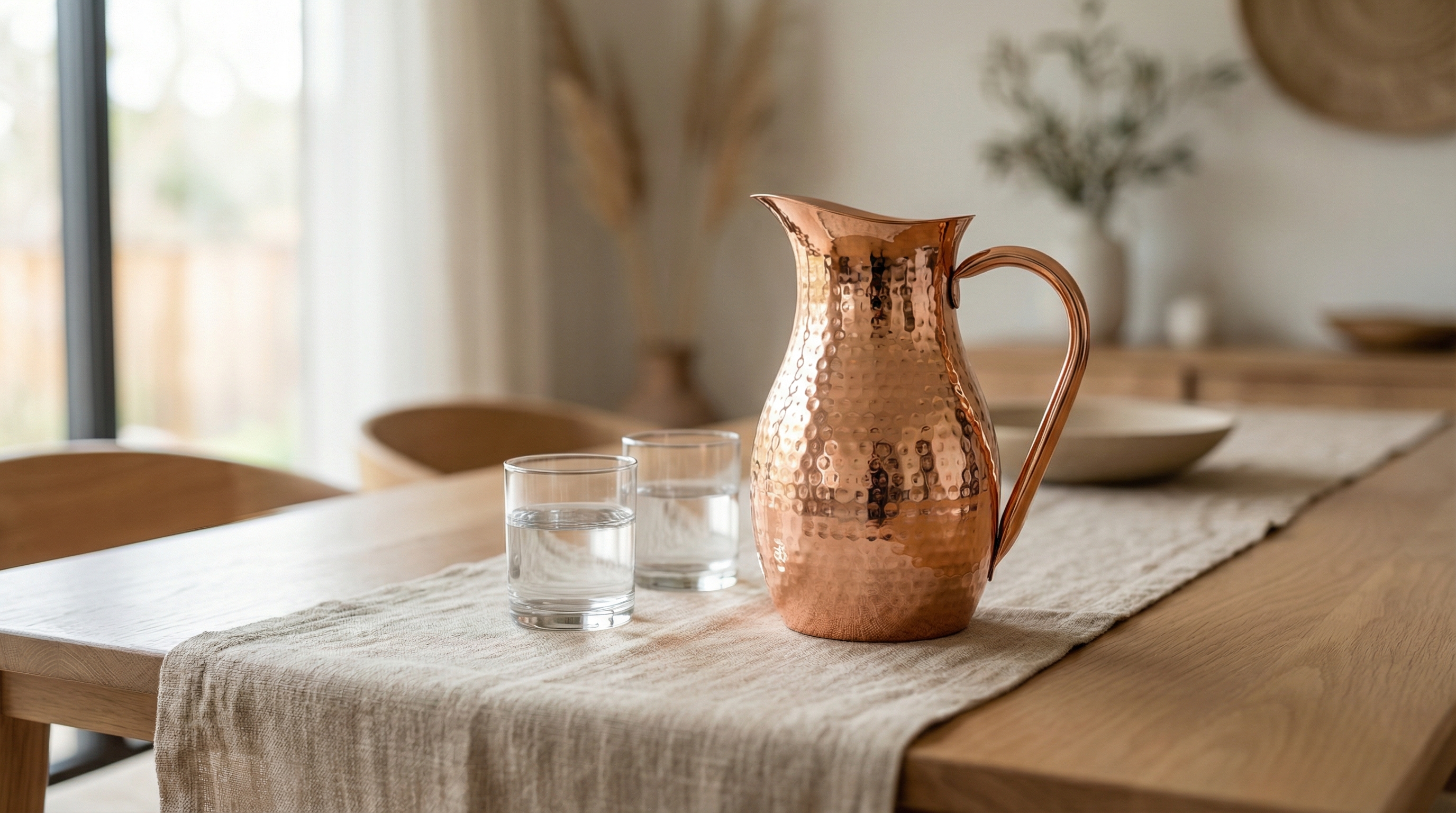 A beautifully styled dining table featuring a hammered copper pitcher with a large flowing C-shaped copper handle and a polished rose-gold finish as the centerpiece. It sits on a natural linen table runner next to two simple water glasses. The setting is minimalist and bathed in soft, natural window light, evoking a sense of calm and intentional living. No people. Product-focused lifestyle shot, photorealistic, 8k.