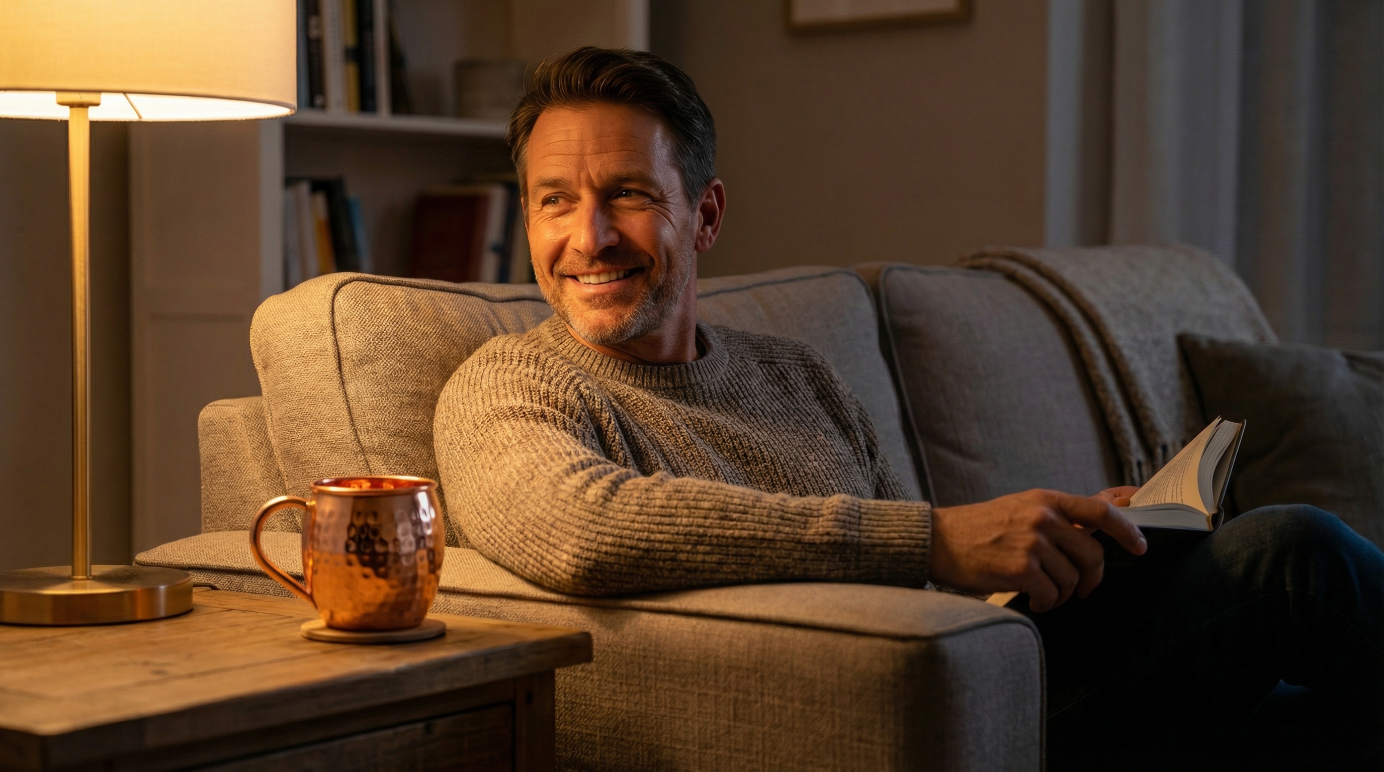 A happy man in his 40s, with a genuine, relaxed smile, sitting on a comfortable sofa in the evening. He is enjoying a moment of quiet, with a hammered copper mug with a curved, flowing pure copper handle, barrel-shaped body with small hammered dents, highly polished classic copper finish with rose-gold tones resting on the wooden side table next to him. The scene is lit by warm ambient lamplight, creating a cozy and authentic lifestyle moment. Photorealistic, candid lifestyle photography, 8k.