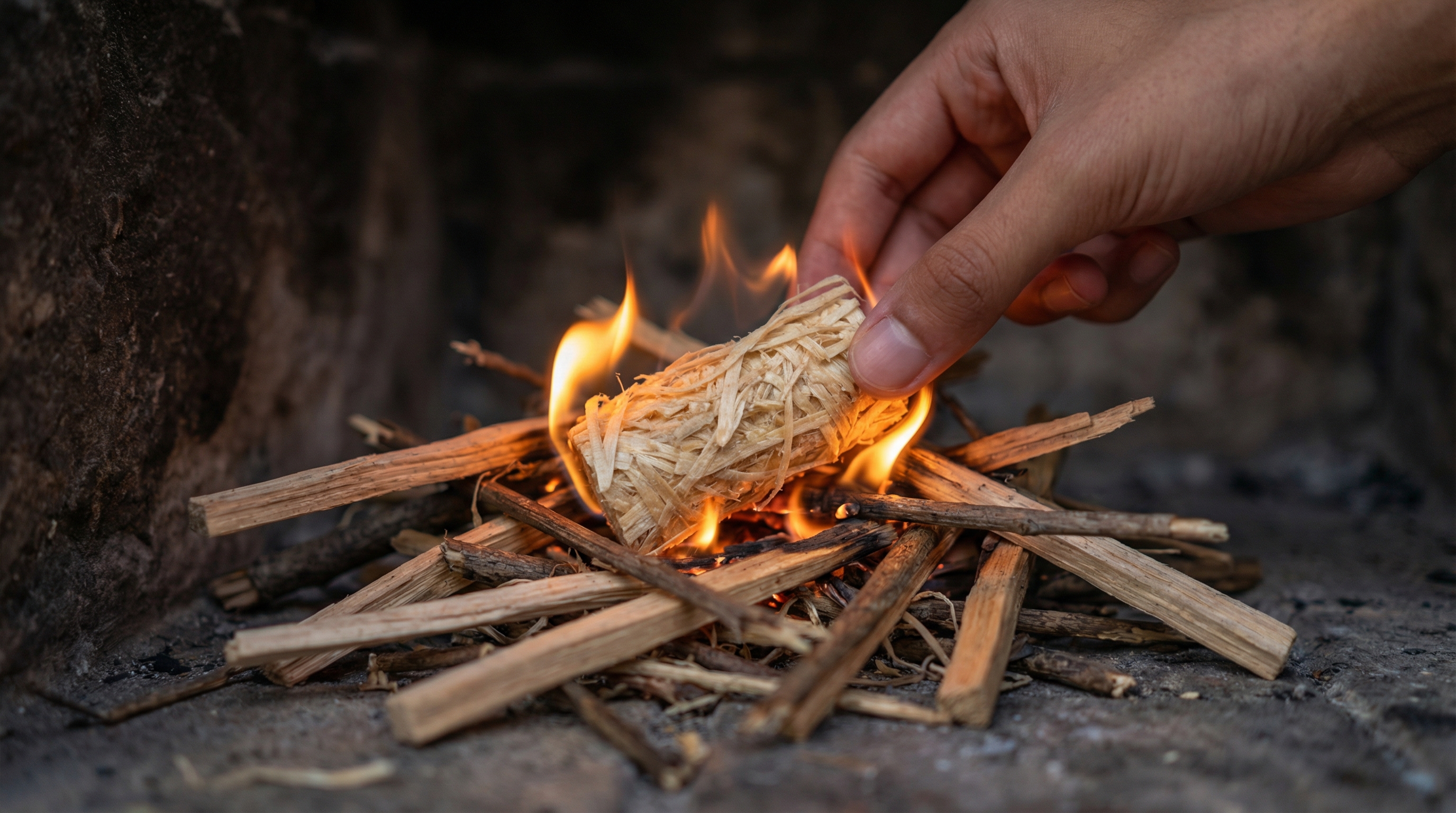 Close-up shot of a natural wood wool fire starter being placed among kindling in a dark stone fireplace at dusk. The first gentle flames are just beginning to catch, illuminating the wood and stone with a soft, warm glow. The mood is peaceful, intentional, and anticipatory. Macro photography, shallow depth of field, photorealistic, 8k.