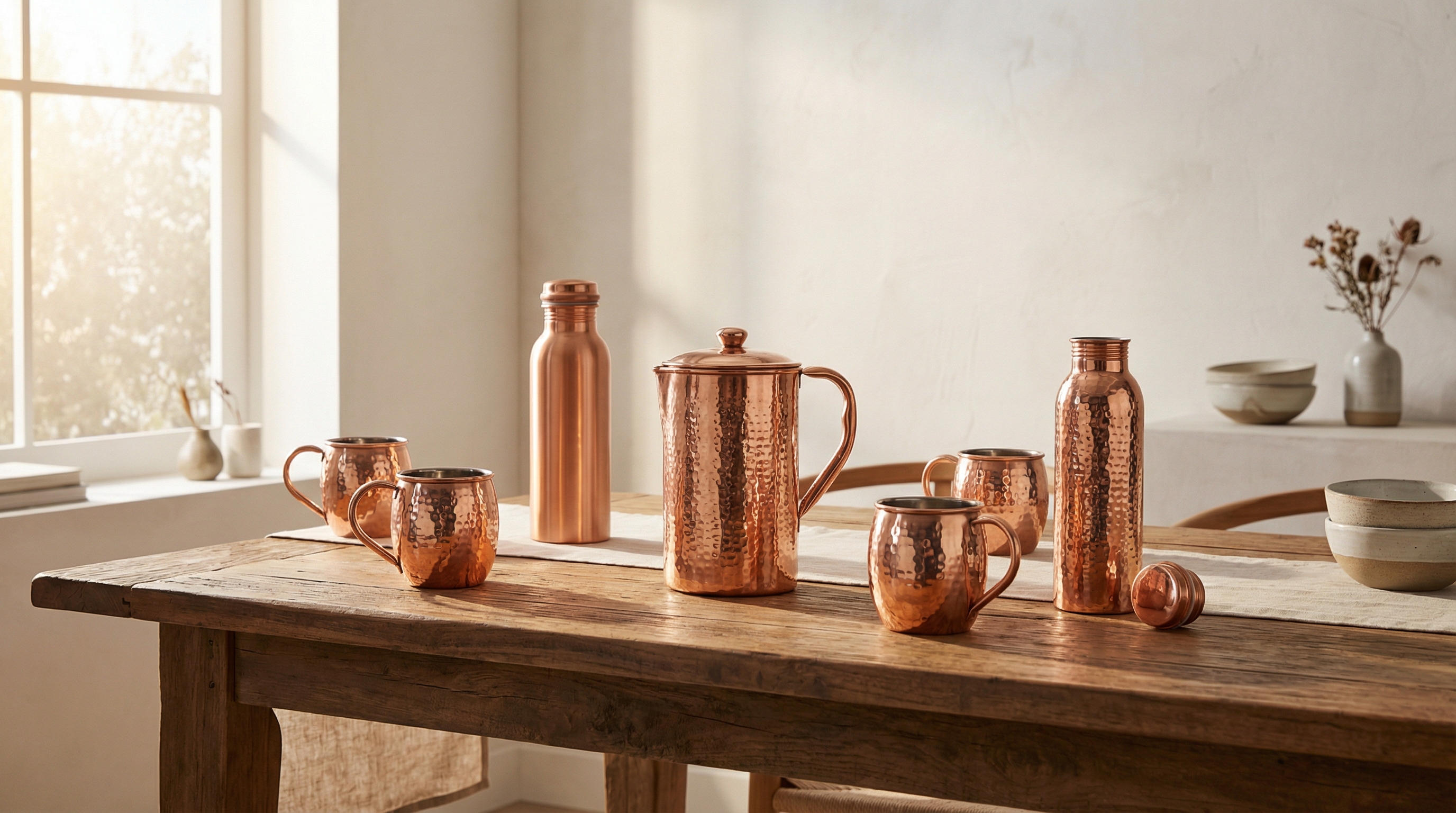Refined modern home interior, a beautiful reclaimed wood dining table is set with a gleaming hammered copper jug, several hammered copper mugs, and a pure copper water bottle. Warm, soft morning light streams through a window, highlighting the rich, rose-gold tones of the copper. The aesthetic is minimal, timeless, and textural. Editorial lifestyle photography, focus on the objects as part of a lived-in, intentional space, 8k.