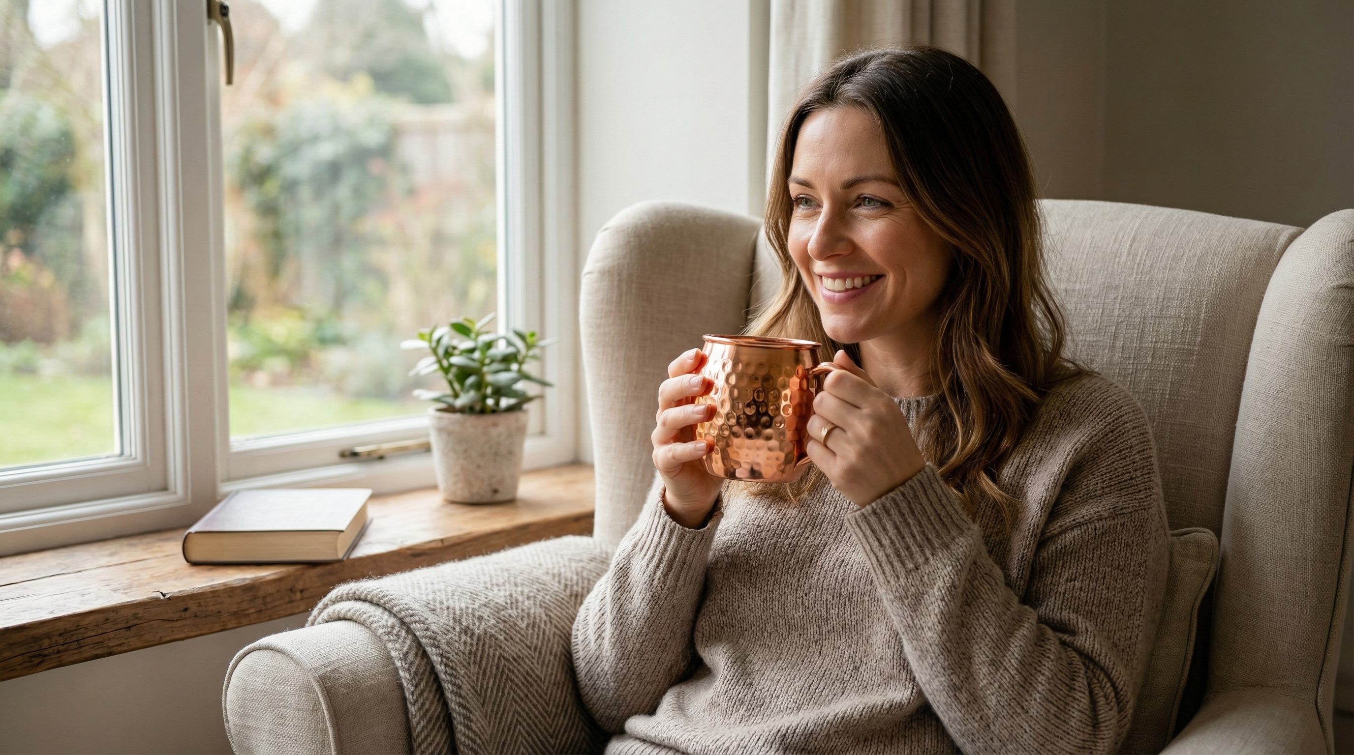 A happy, relaxed woman in her 30s with a genuine smile, sitting in a cozy armchair by a window with soft, natural daylight. She is holding a highly polished hammered pure copper mug with a classic C-shaped copper handle, enjoying a quiet moment. The atmosphere is calm and intentional, focusing on the simple pleasure of using a beautiful, well-crafted object. Photorealistic, candid lifestyle photography, 8k.