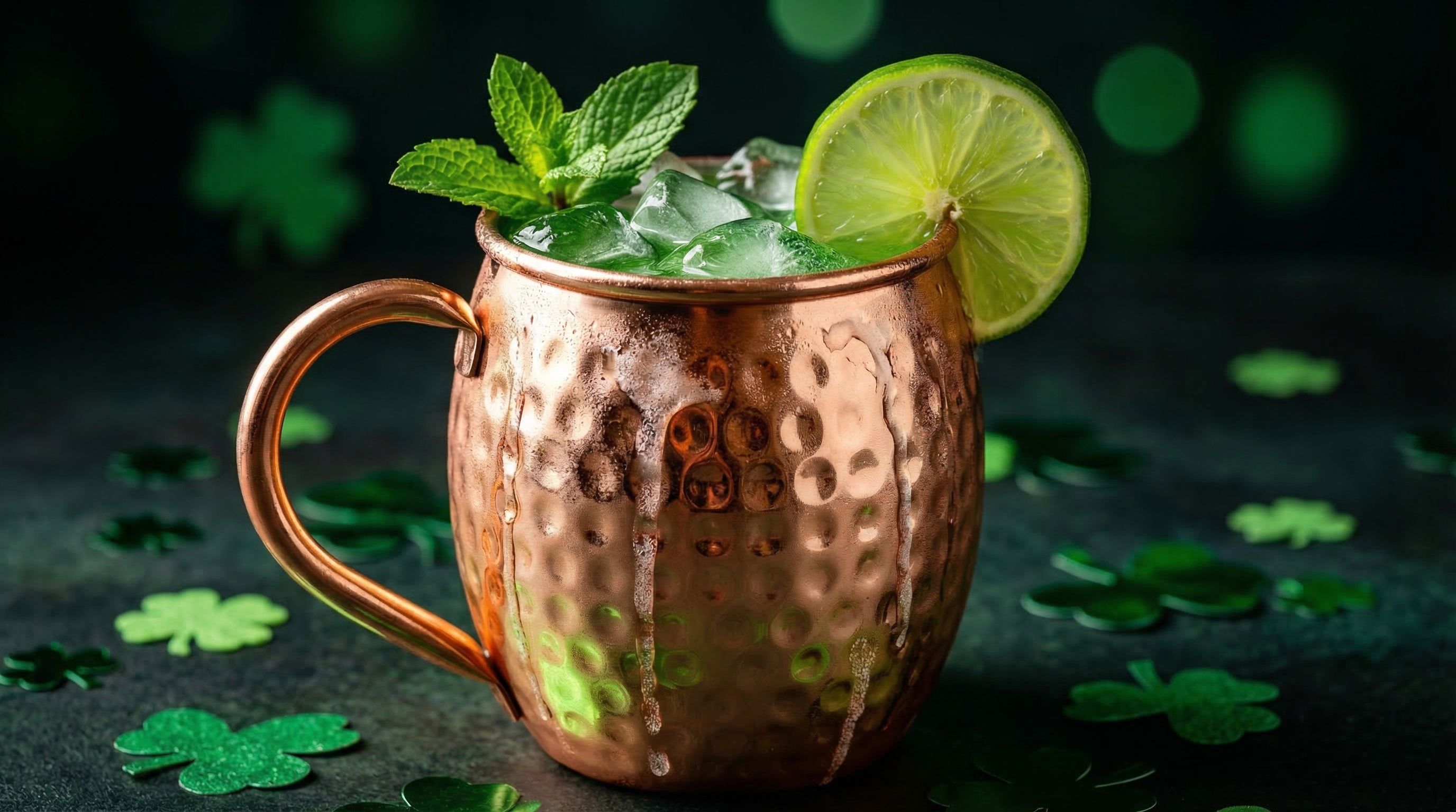 Cinematic close-up of a vibrant green Irish Mule cocktail served in a highly polished hammered copper mug with a welded, curved pure copper handle, a barrel-shaped body with small, uniform dents, and a classic rose-gold copper finish. The mug is garnished with a bright green lime wheel and a sprig of fresh mint, with condensation dripping down the sides. The background is dark and moody, with subtle hints of shamrock confetti and soft bokeh lights, creating a sophisticated St. Patrick's Day atmosphere. Magazine editorial quality, dramatic lighting, 8k.