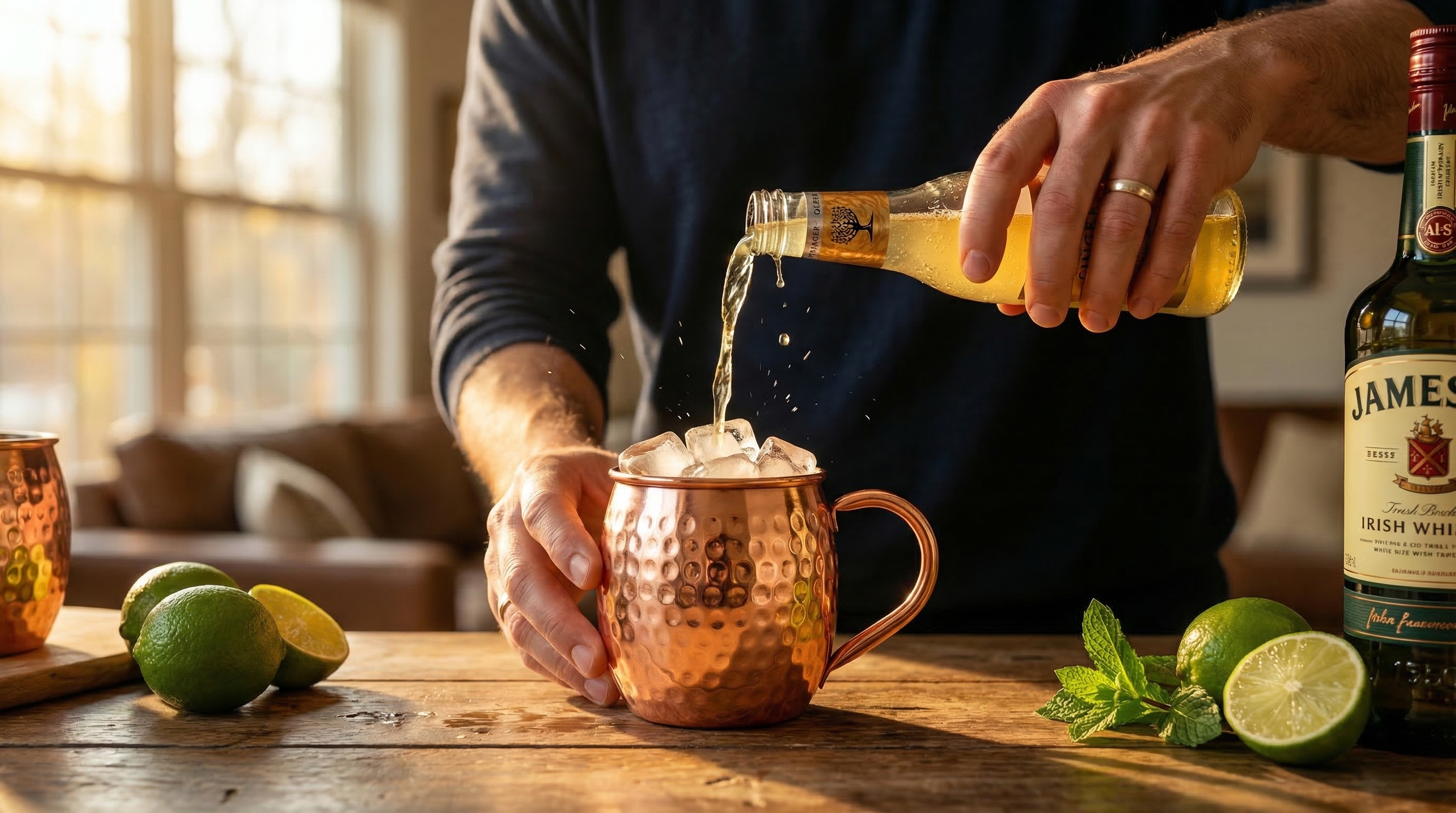 A happy man's hands preparing an Irish Mule. One hand holds a bottle of premium ginger beer, pouring it into a highly polished hammered copper mug with a welded, curved pure copper handle, a barrel-shaped body with small, uniform dents, and a classic rose-gold copper finish. The mug is filled with ice cubes, and a splash of ginger beer is captured mid-air. The scene is bathed in warm, golden light from a nearby window, creating a cozy and inviting atmosphere. The focus is on the action, conveying the joy of cocktail making. Candid lifestyle photography, photorealistic, 8k.