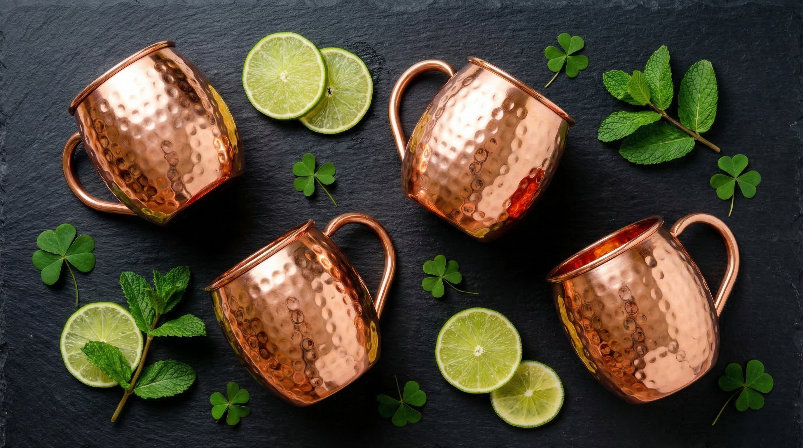 Elegant overhead flat lay shot for St. Patrick's Day. Four highly polished hammered copper mugs with welded, curved pure copper handles and barrel-shaped bodies are arranged on a dark, textured slate surface. Around the mugs are artfully scattered ingredients: bright green lime slices, fresh mint leaves, and a few decorative green shamrock clovers. The lighting is soft and directional, highlighting the warm, rosy glow of the copper. Sophisticated, clean, and festive aesthetic, 8k.
