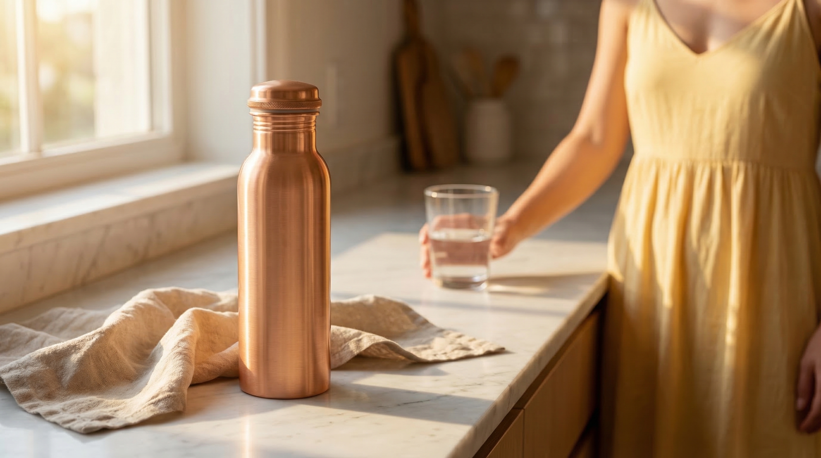 A pure copper water bottle with a screw-on cap resting on a white marble kitchen counter. Morning light streams through a nearby window, casting soft shadows. A crumpled natural linen cloth lies beside it, and a half-drunk glass of water is in the soft-focus background. The scene is warm, unhurried, and peaceful. Editorial lifestyle photography, natural textures, photorealistic, 8k. A woman in a soft yellow sundress is partially visible in the background, reaching for the glass of water.