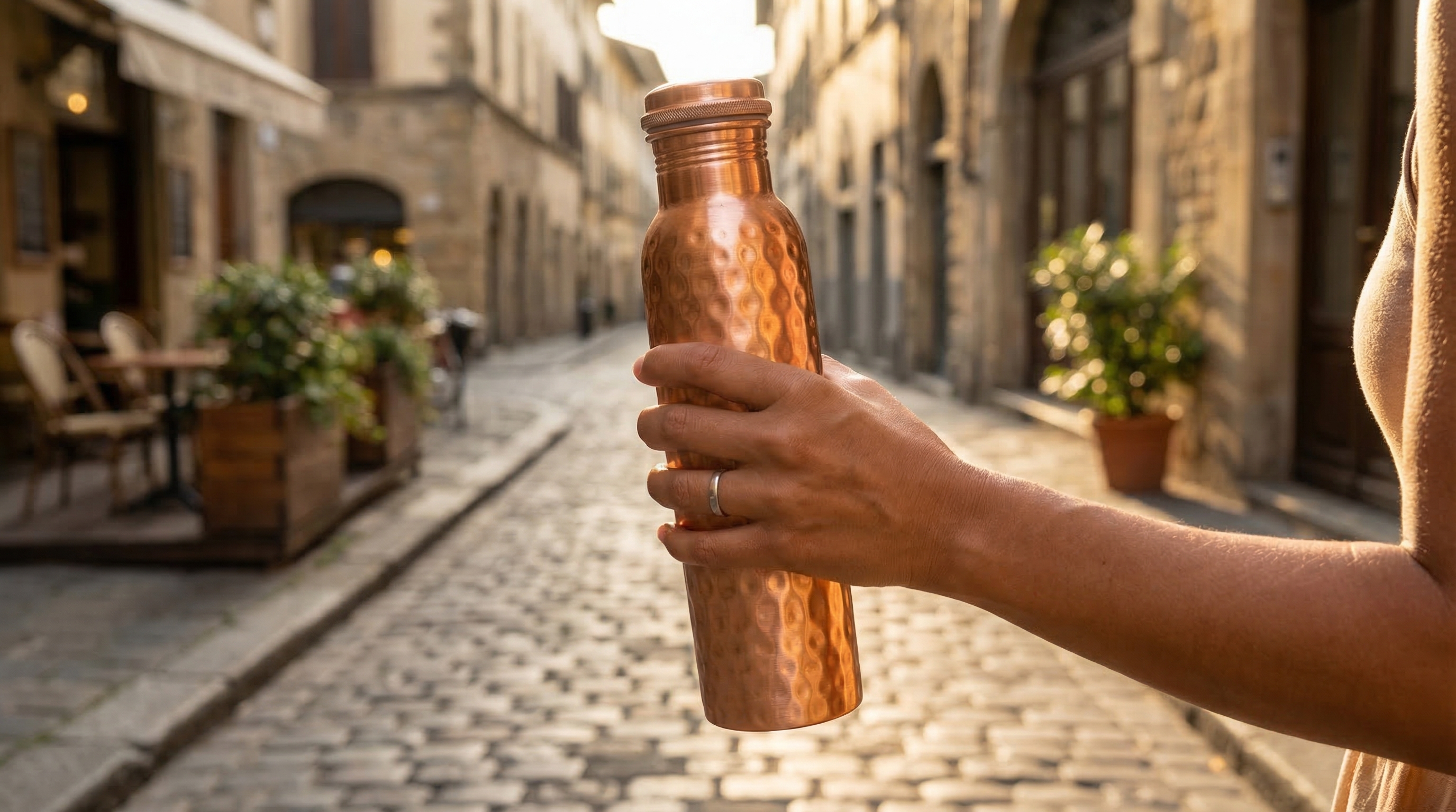 Close-up, candid shot of a happy woman's hand holding a tall, hammered pure copper water bottle with a screw-on cap featuring a knurled grip. She is walking on a cobblestone street in a European city during the golden hour. The soft morning light beautifully highlights the hammered texture of the copper. The feeling is authentic and joyful. Editorial lifestyle photography, warm tones, shallow depth of field, 8k.