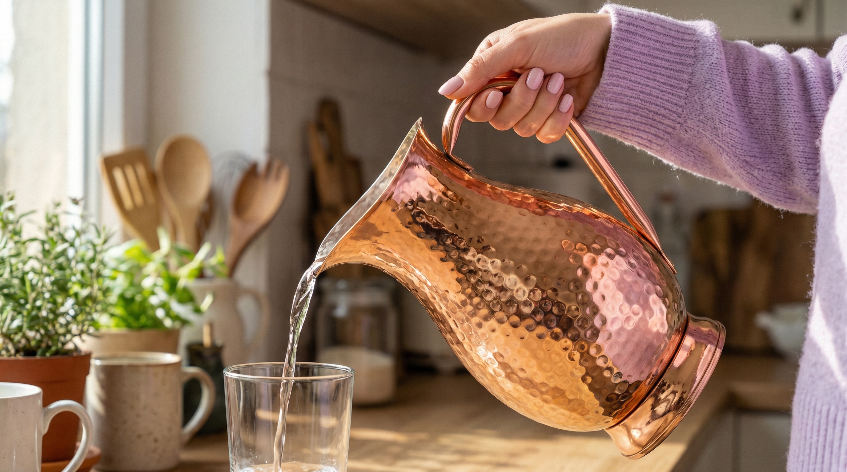 Close-up of a happy caucasian woman's beautiful manicured hand pouring water from a hammered pure copper water pitcher with a large, flowing C-shaped copper handle and a polished rose-gold finish into a plain glass. She is wearing a soft lavender sweater. Natural window light illuminates the scene, highlighting the copper's texture. A cozy, lived-in kitchen is softly out of focus in the background, creating a warm and unhurried mood. Photorealistic, candid lifestyle photography, 8k