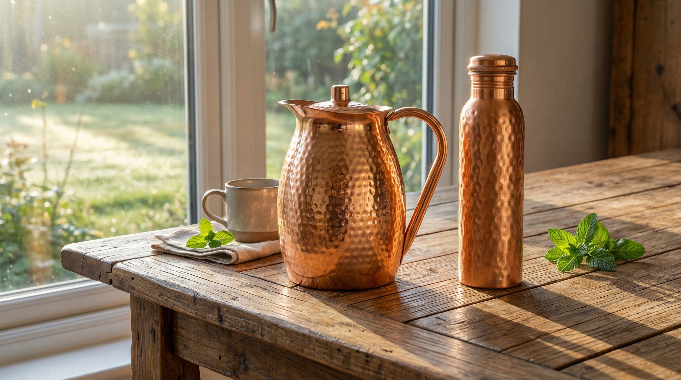A hammered pure copper water pitcher with a large flowing C-shaped handle and a hammered copper water bottle placed together on a rustic wooden tabletop near a large window. Soft, early morning light casts long shadows. The composition is minimal and intentional, suggesting these objects are part of a cherished daily routine. Photorealistic, lifestyle product photography, 8k